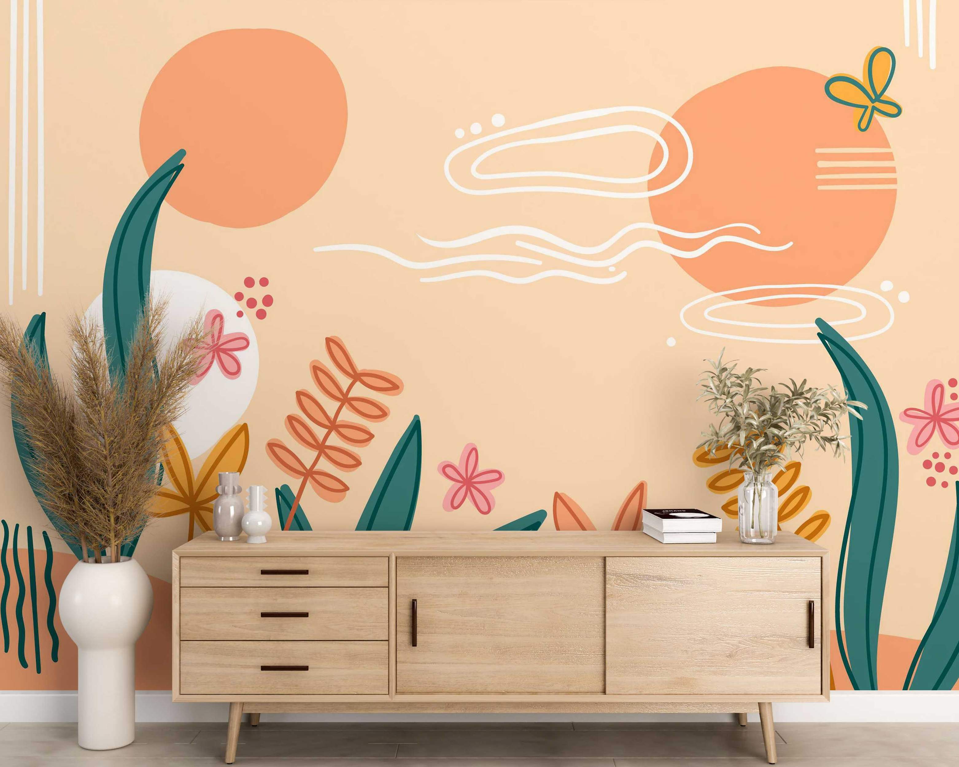 Abstract nature mural with orange suns, teal leaves, pink flowers, yellow butterfly, and white lines on a peach backdrop.