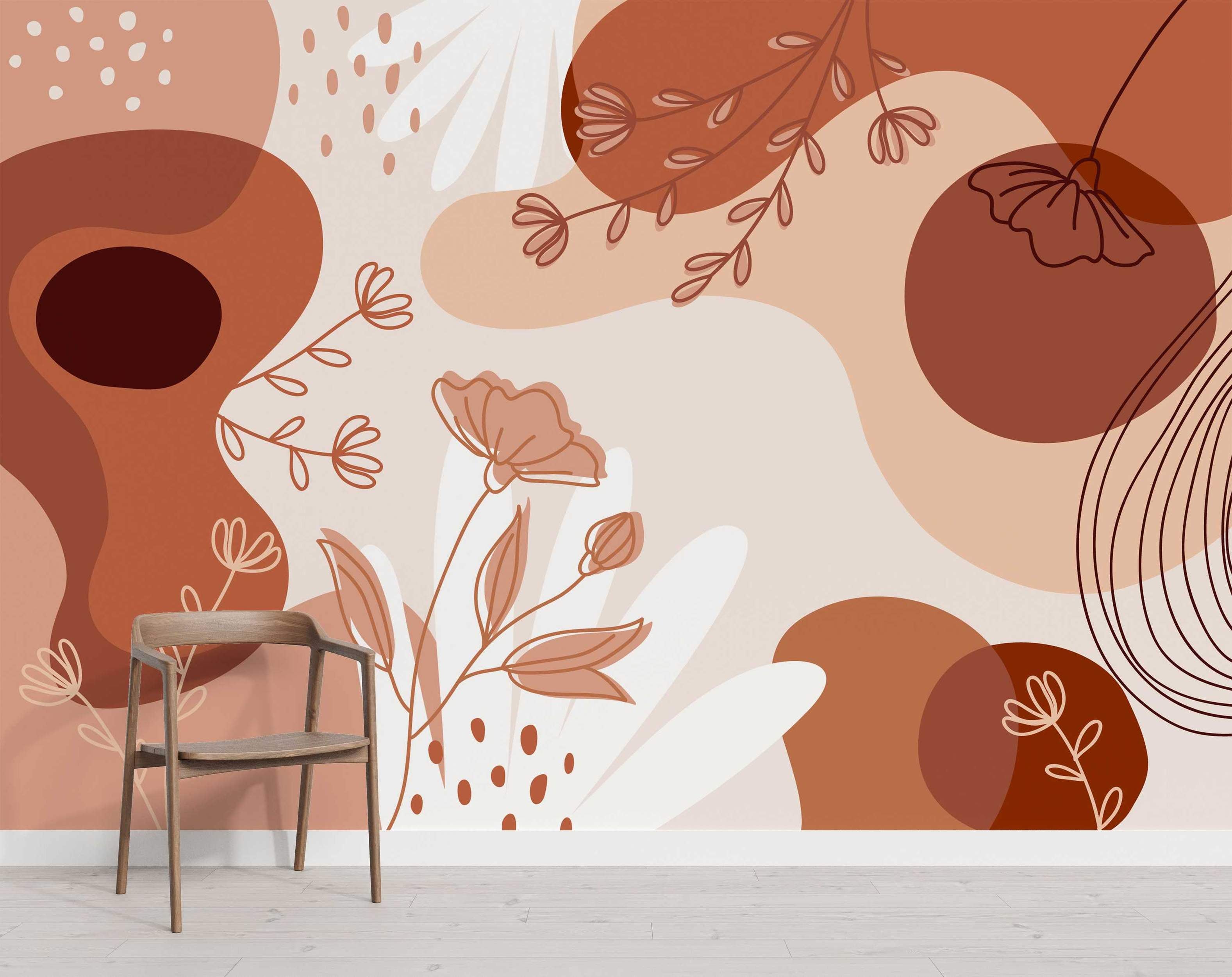 Abstract mural with overlapping organic shapes in terracotta, beige, and brown, featuring delicate floral line drawings and dots.