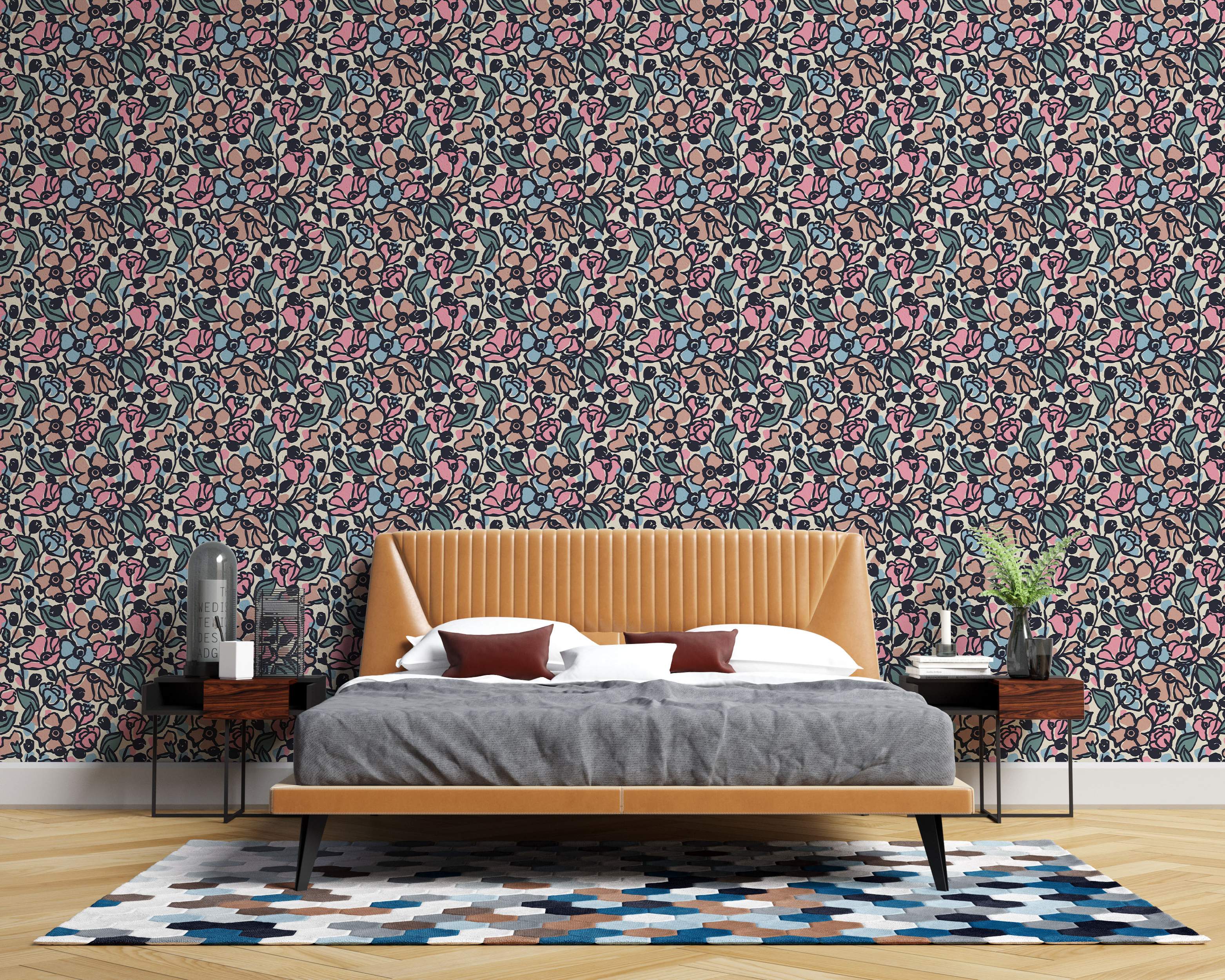 Abstract floral wallpaper featuring stylized pink, blue, and tan flowers with green leaves, outlined in dark blue on a cream field.