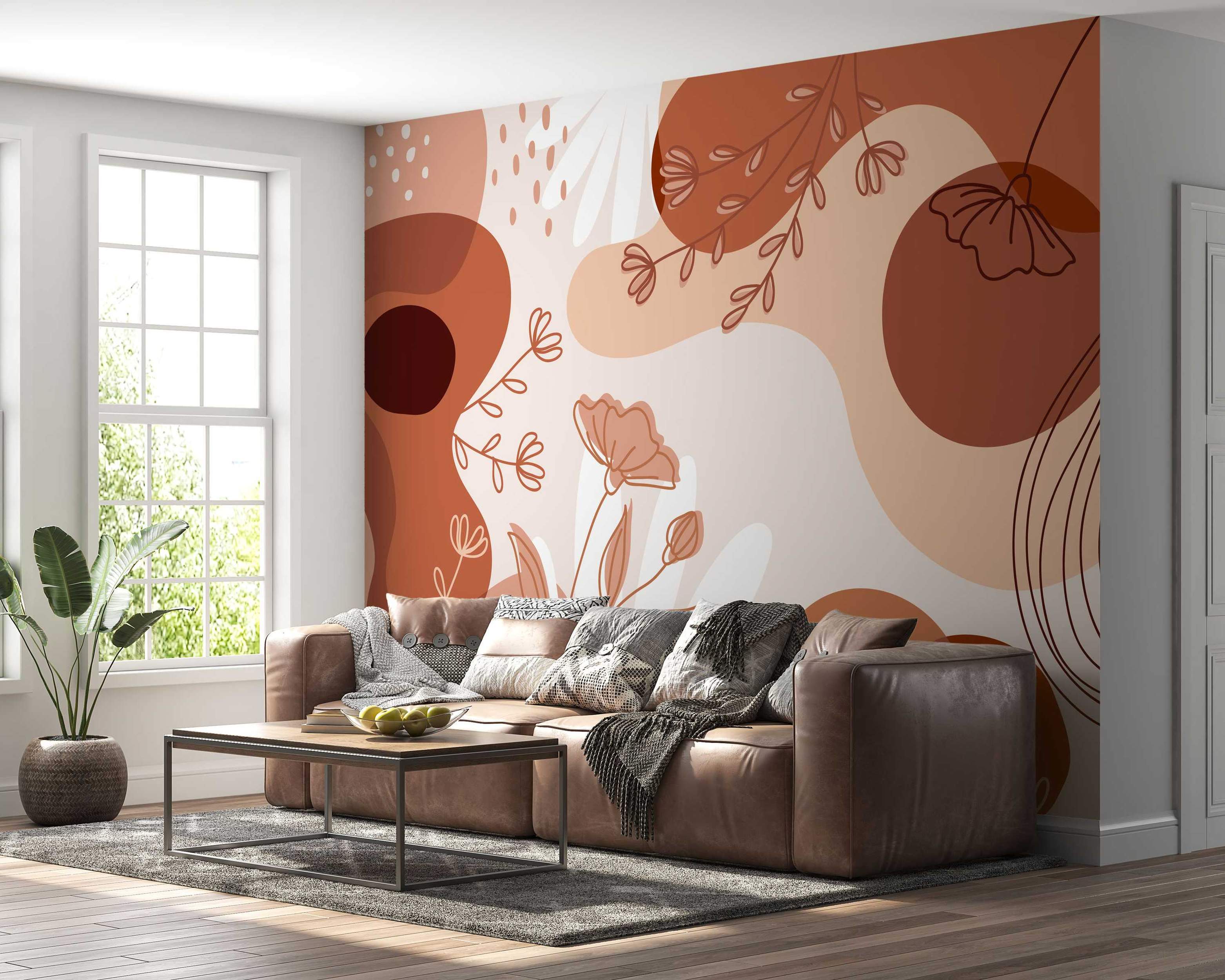 Abstract mural with organic shapes in terracotta, brown, and beige, featuring outlined floral elements and white dots.