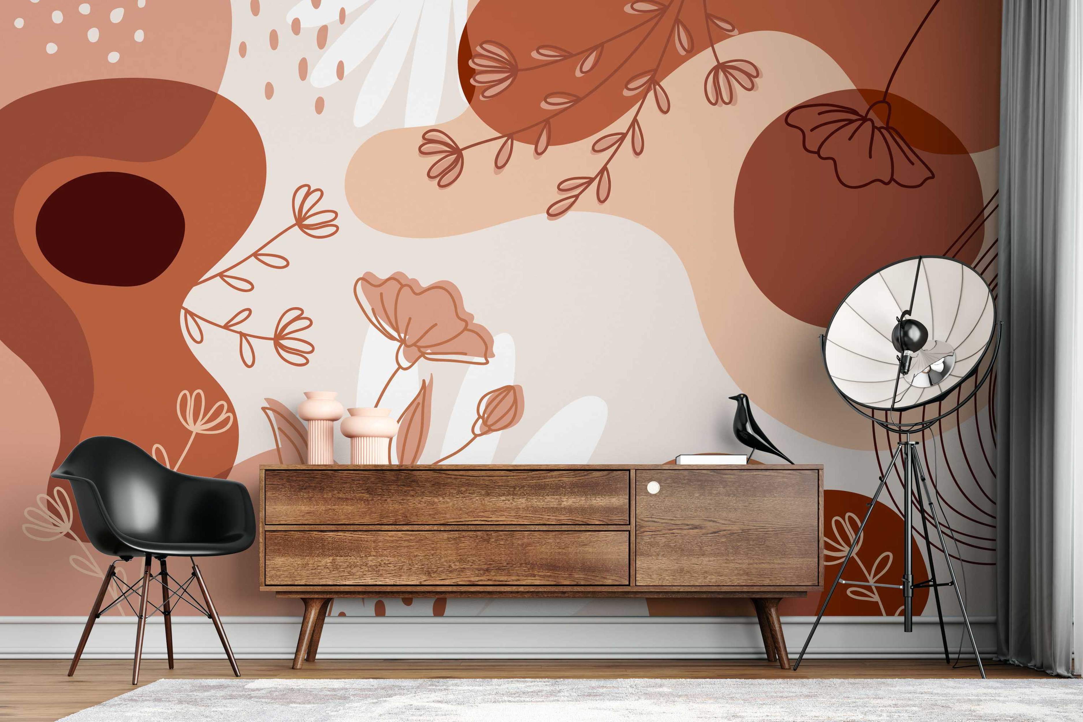 Abstract mural with overlapping organic shapes in terracotta and beige, accented by floral line art and scattered dots.