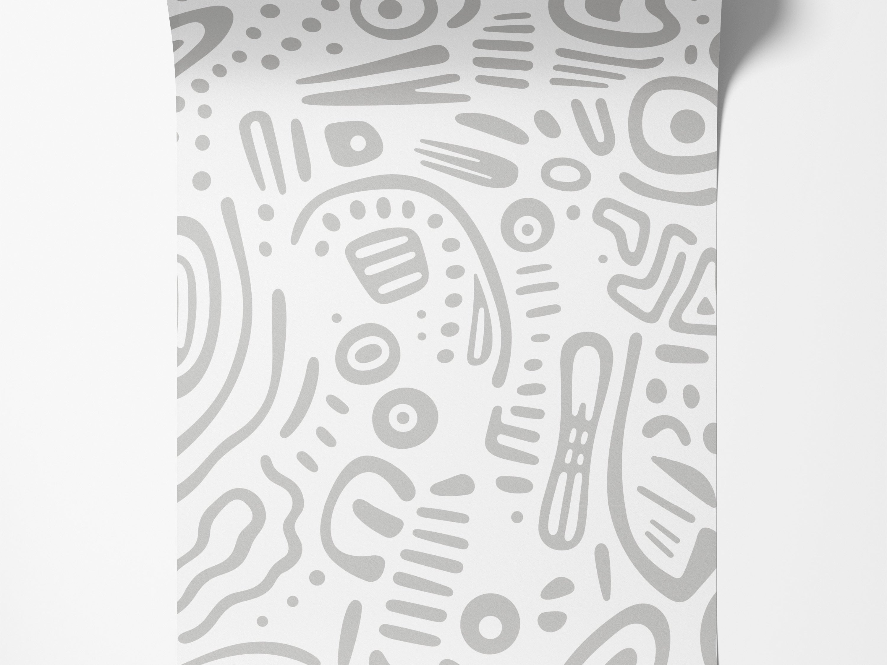 Abstract wallpaper with light gray organic shapes, dots, and lines scattered across a white background.