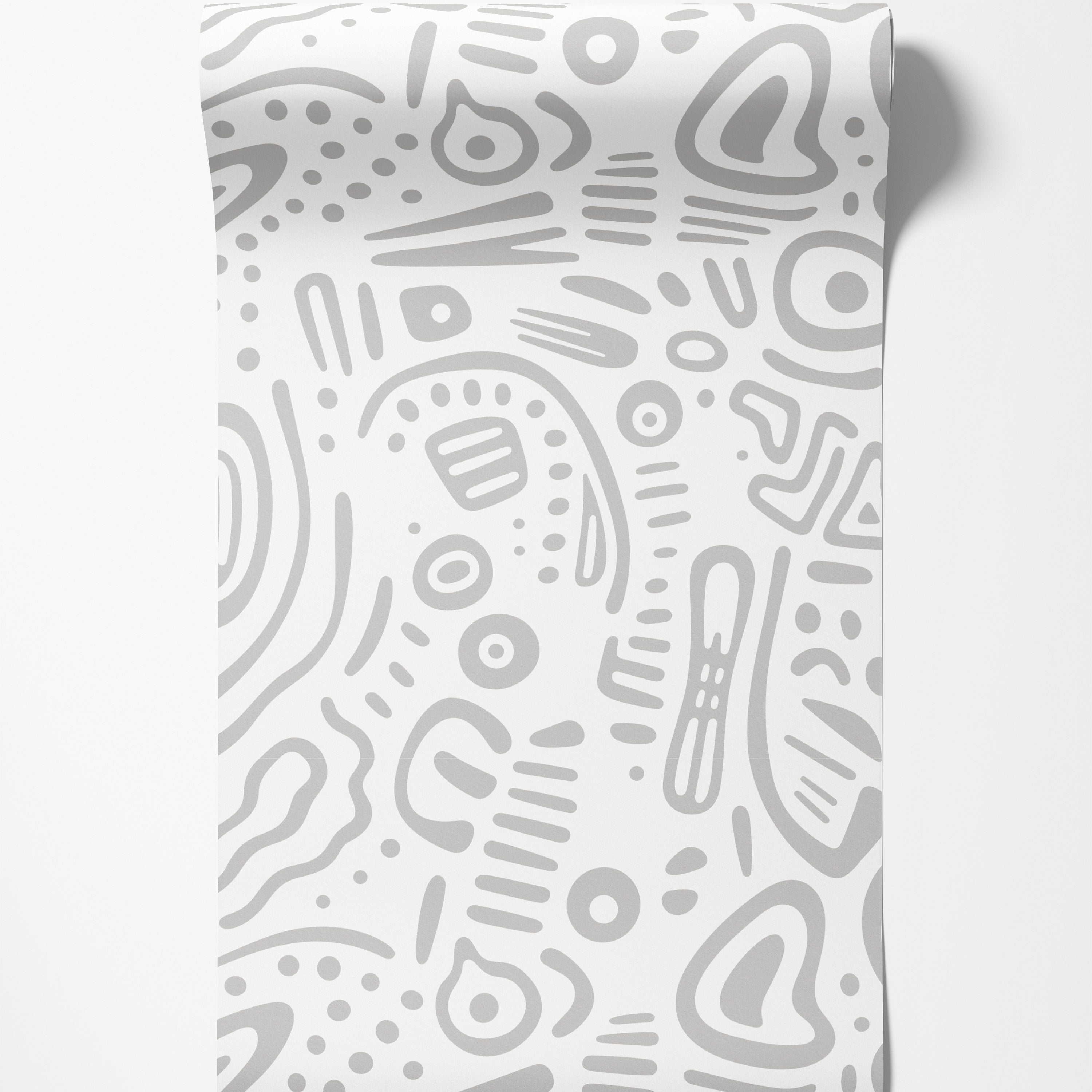 Abstract wallpaper with light gray organic shapes, dots, and lines scattered across a white background.