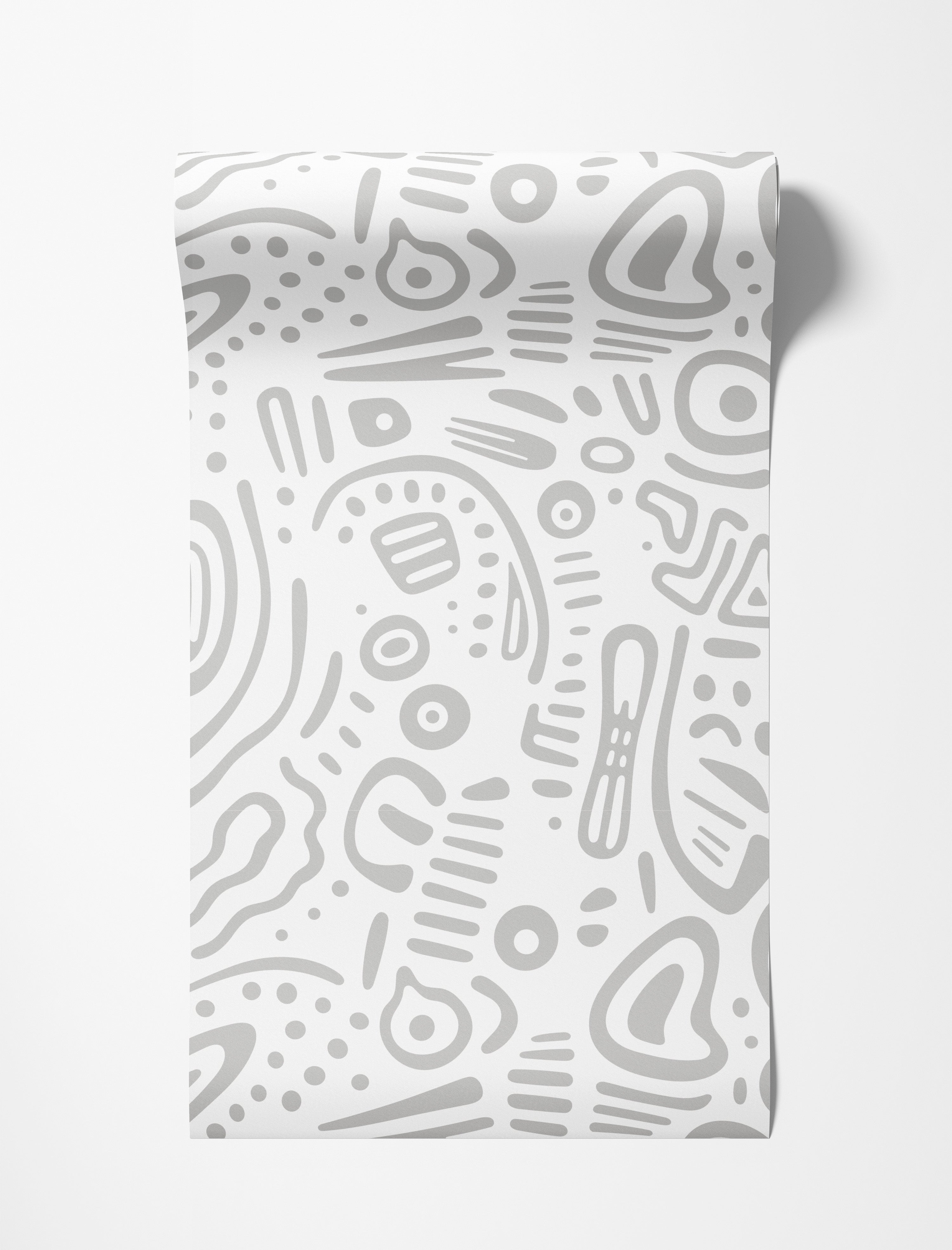 Abstract wallpaper with light gray organic shapes, dots, and lines scattered across a white background.