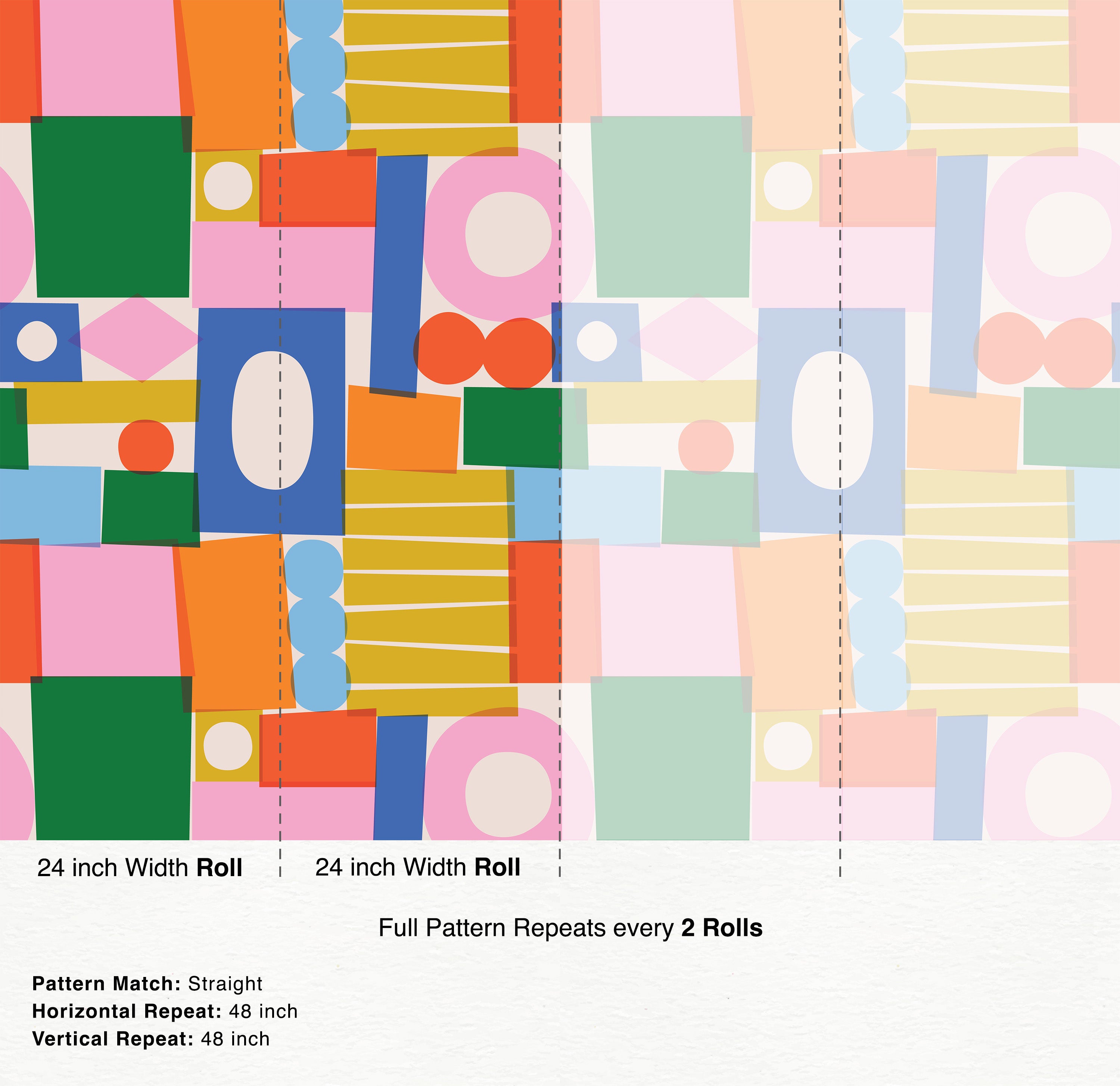 Abstract wallpaper with overlapping geometric shapes in pink, orange, green, blue, yellow, and beige.