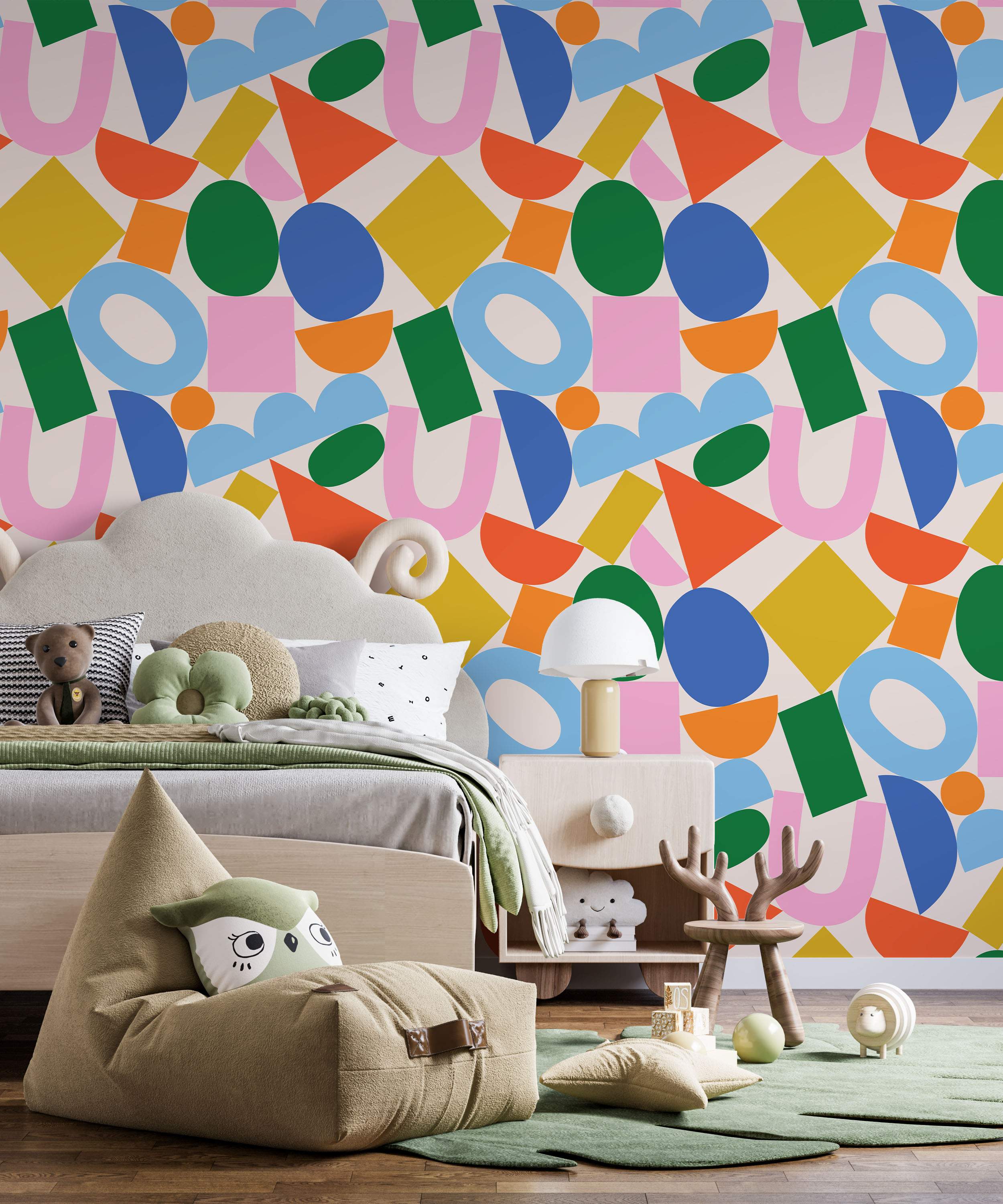 Abstract wallpaper featuring a playful mix of colorful geometric shapes like circles, squares, and U-shapes on a light background.