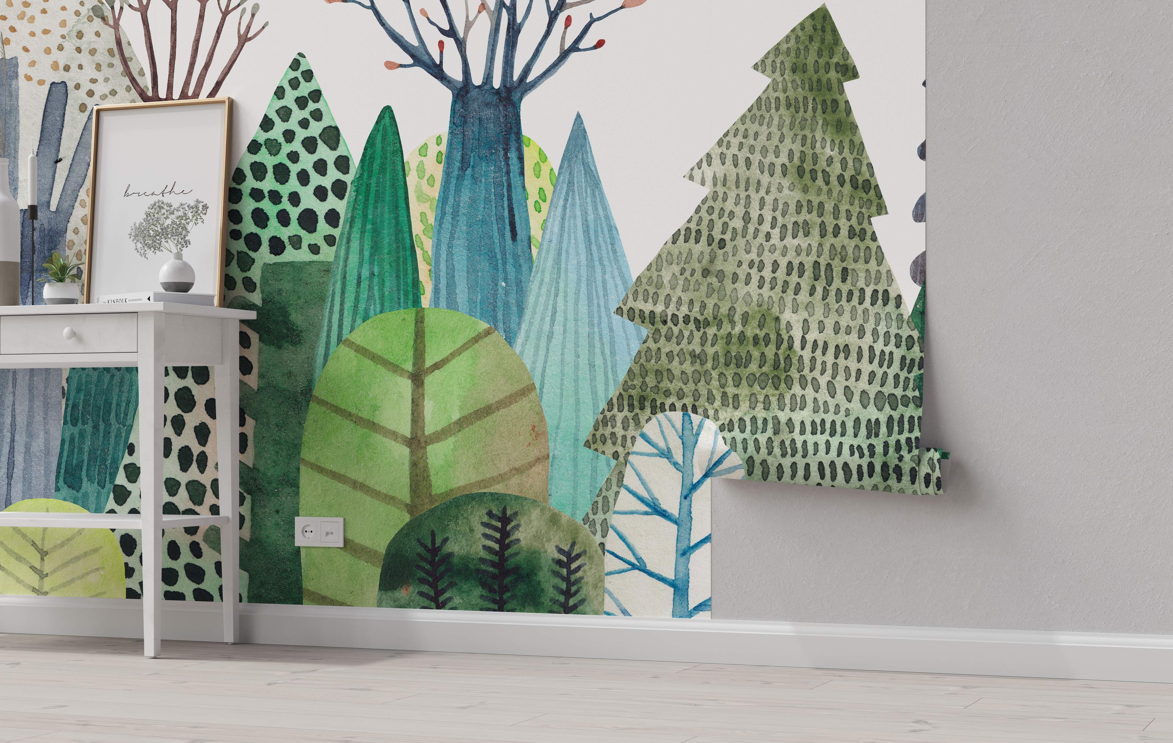 Abstract mural of varied green trees with unique patterns.