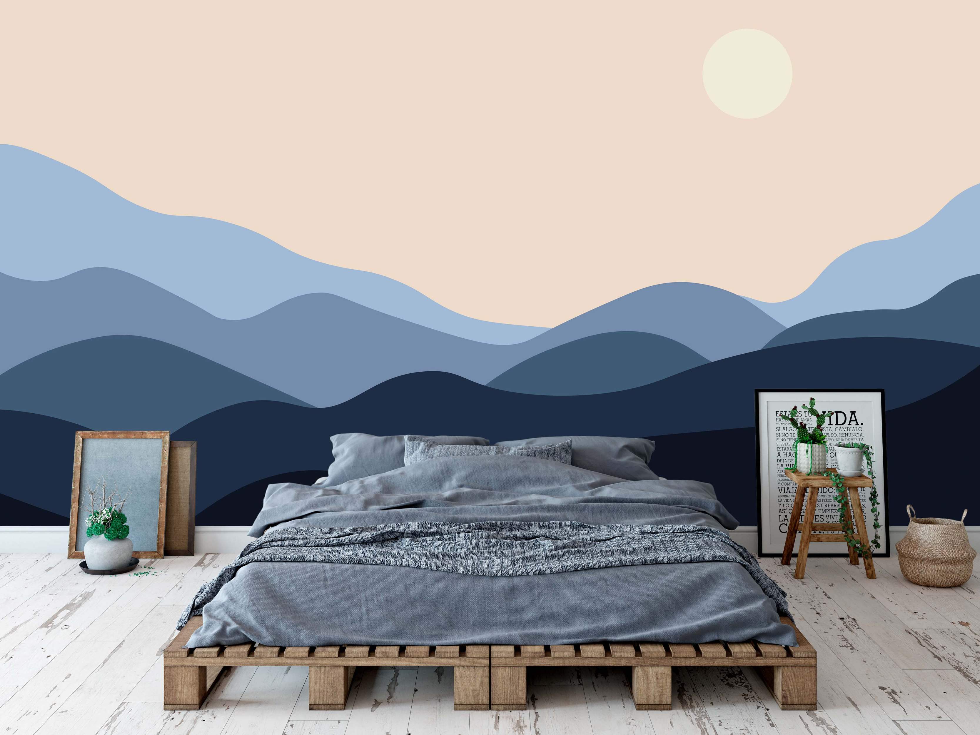 Abstract mural of rolling hills in shades of blue under a pale beige sky with a circular sun.