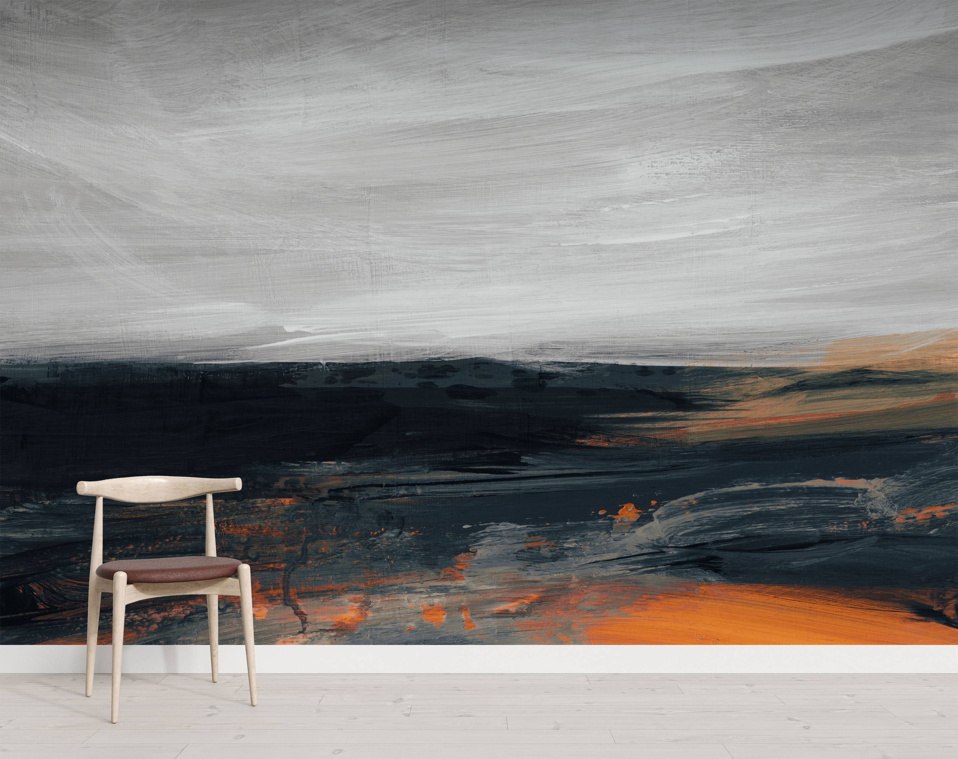 Abstract landscape mural with a gray, brushstroked sky over a dark, textured foreground featuring prominent orange and black strokes.