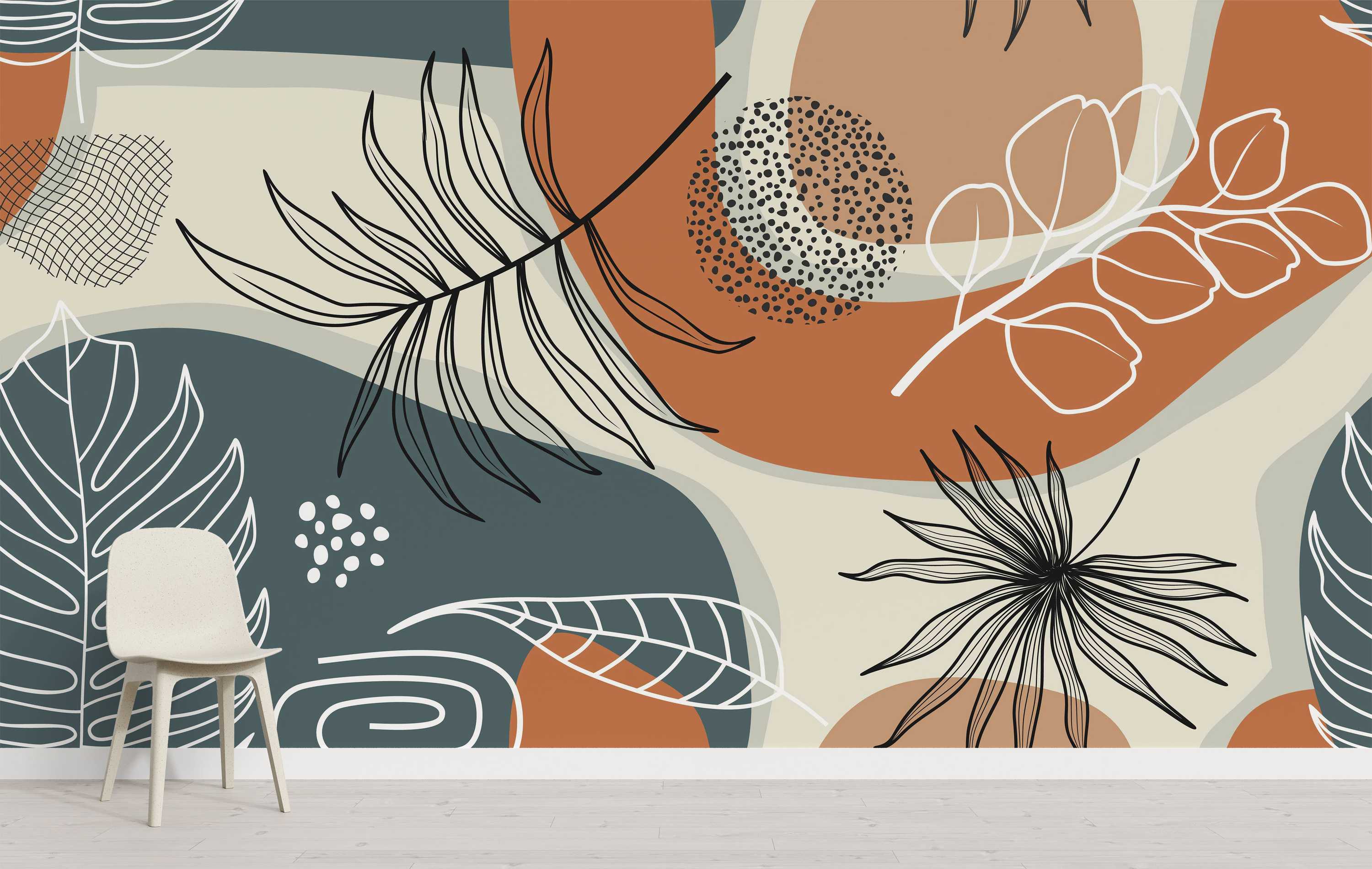 Abstract mural with organic shapes in terracotta, teal, and beige, overlaid with black and white line art leaves and textures.
