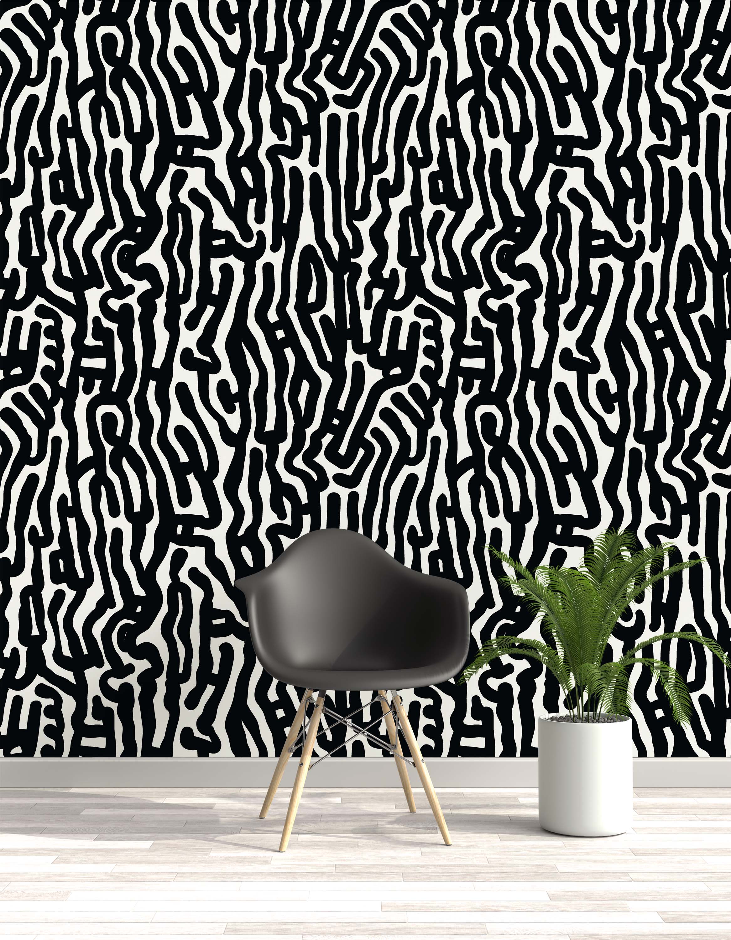 Wallpaper featuring a bold, abstract pattern of thick, meandering black lines on a white background.
