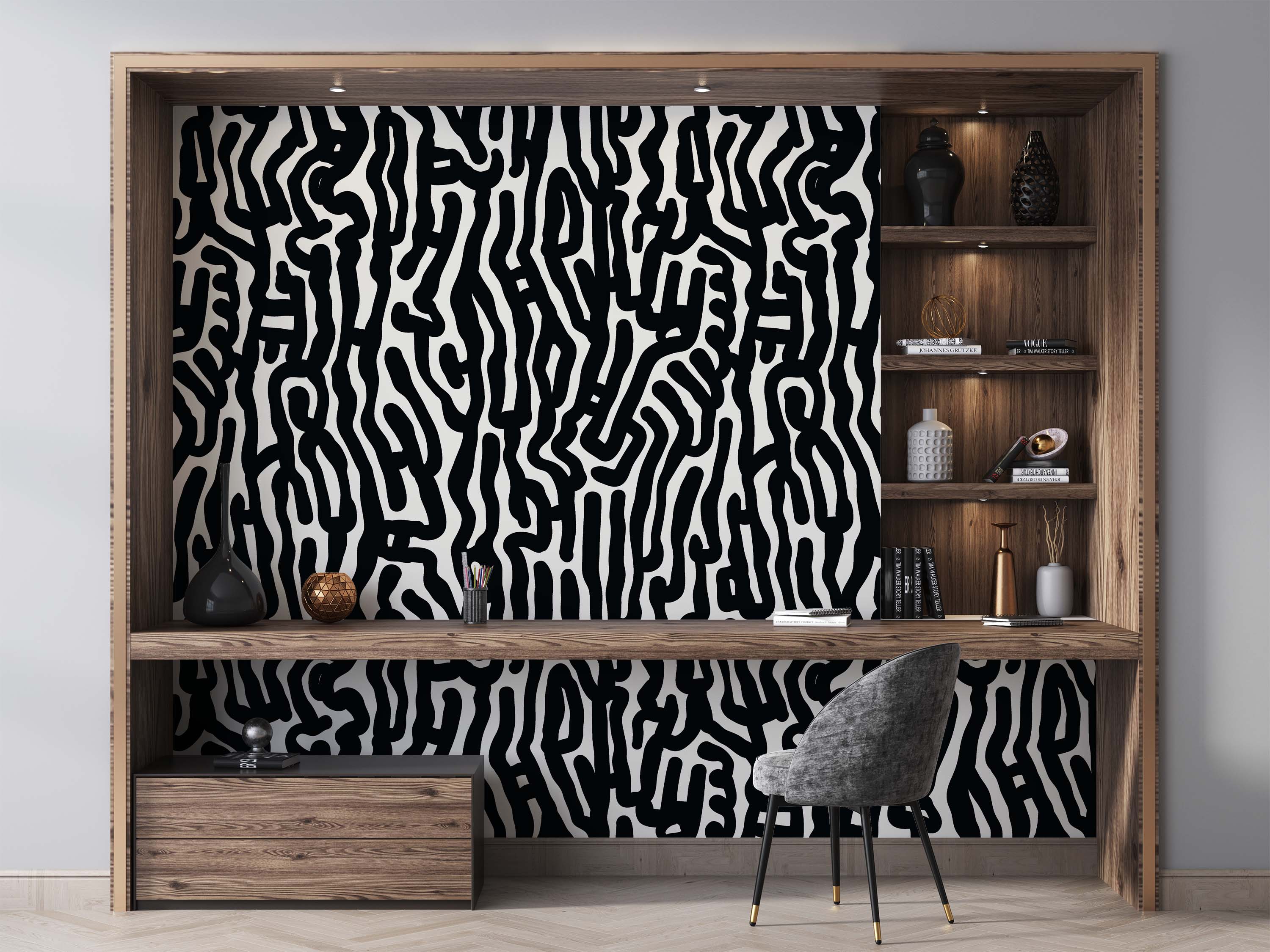 Abstract wallpaper featuring thick, flowing black lines forming a dense, maze-like pattern on a white background.