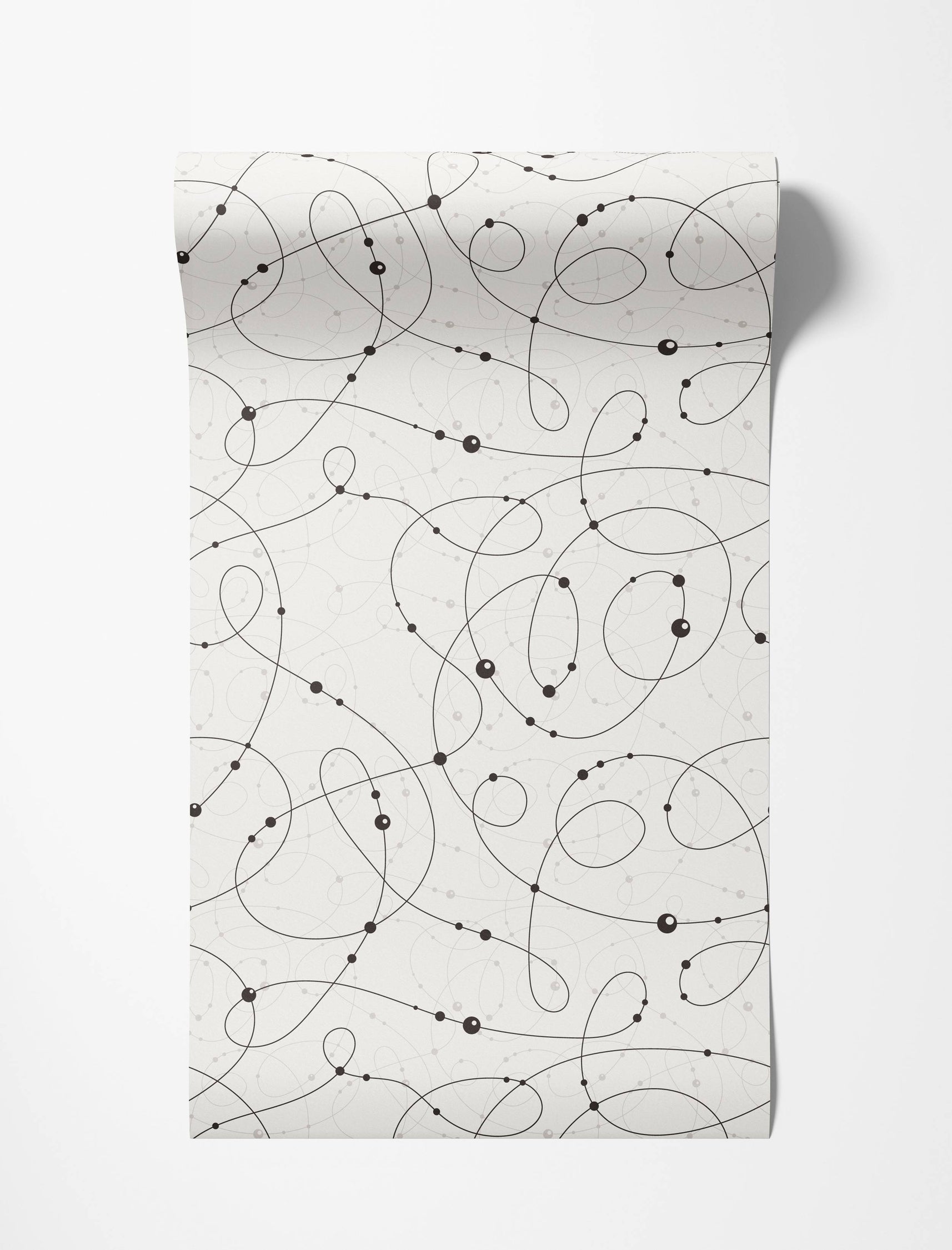Abstract wallpaper with black looping lines and dots over faint gray lines on an off-white background.