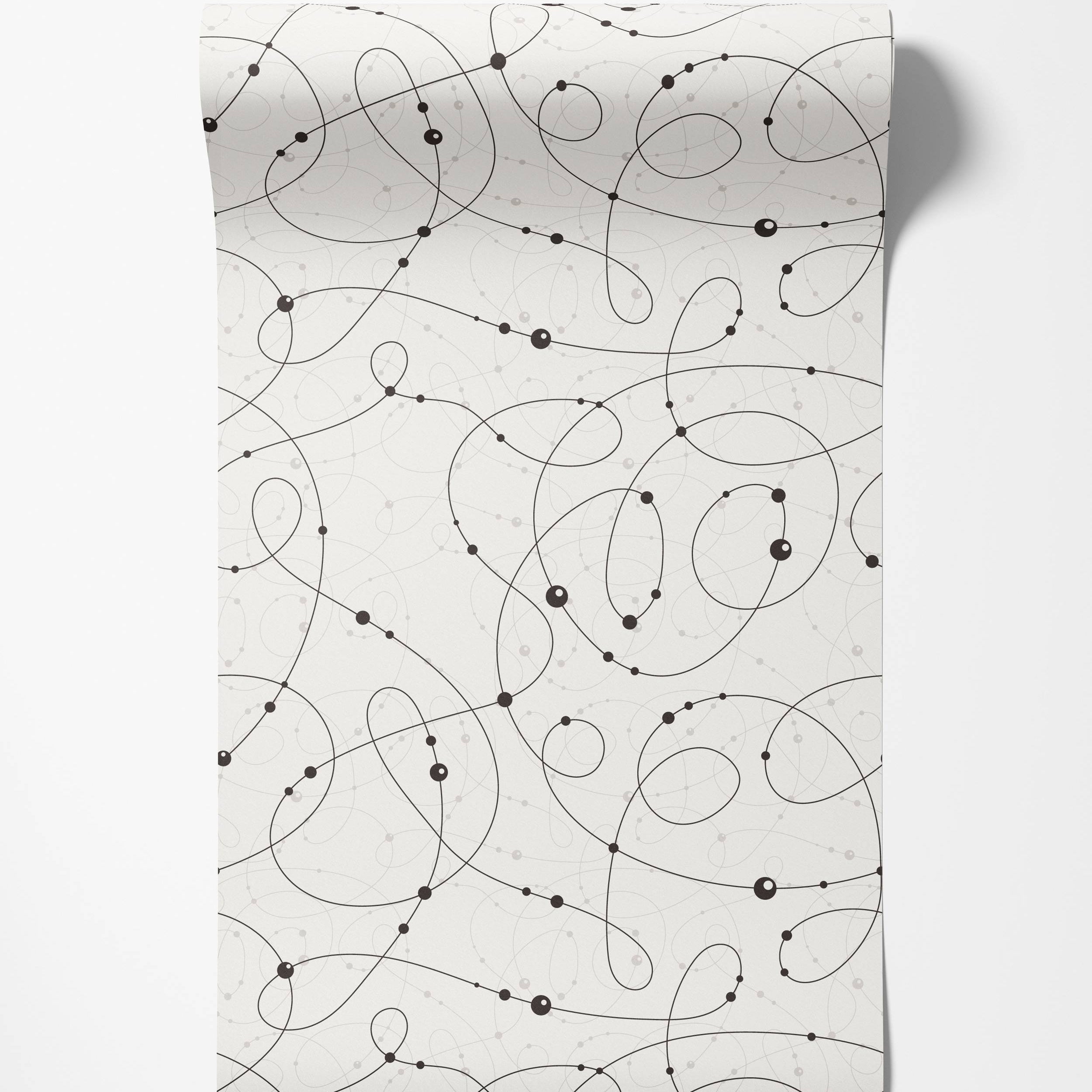 Abstract wallpaper with black looping lines and dots over faint gray lines on an off-white background.