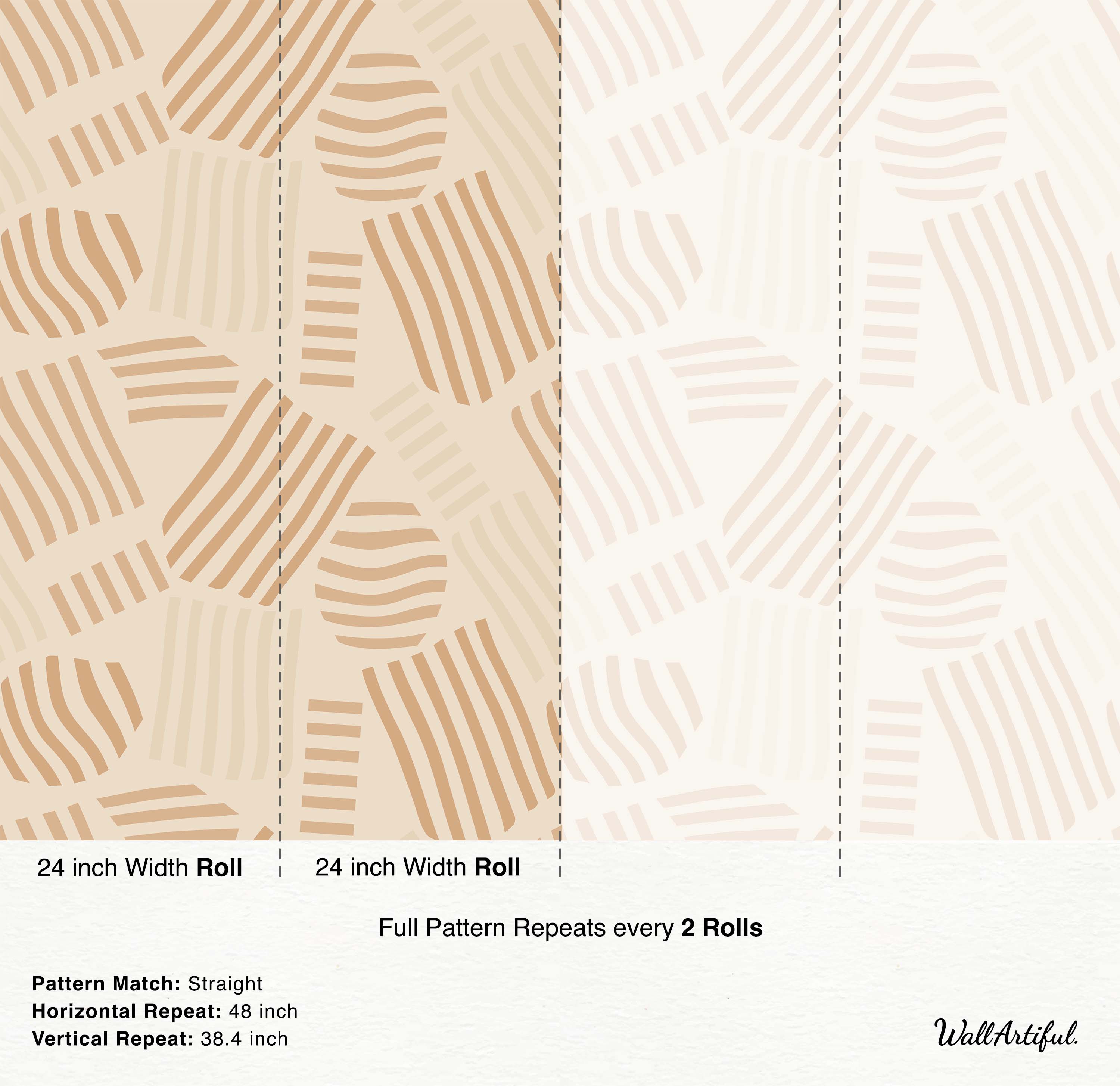 Abstract wallpaper featuring overlapping organic shapes with striped and wavy line patterns in neutral beige and tan tones.