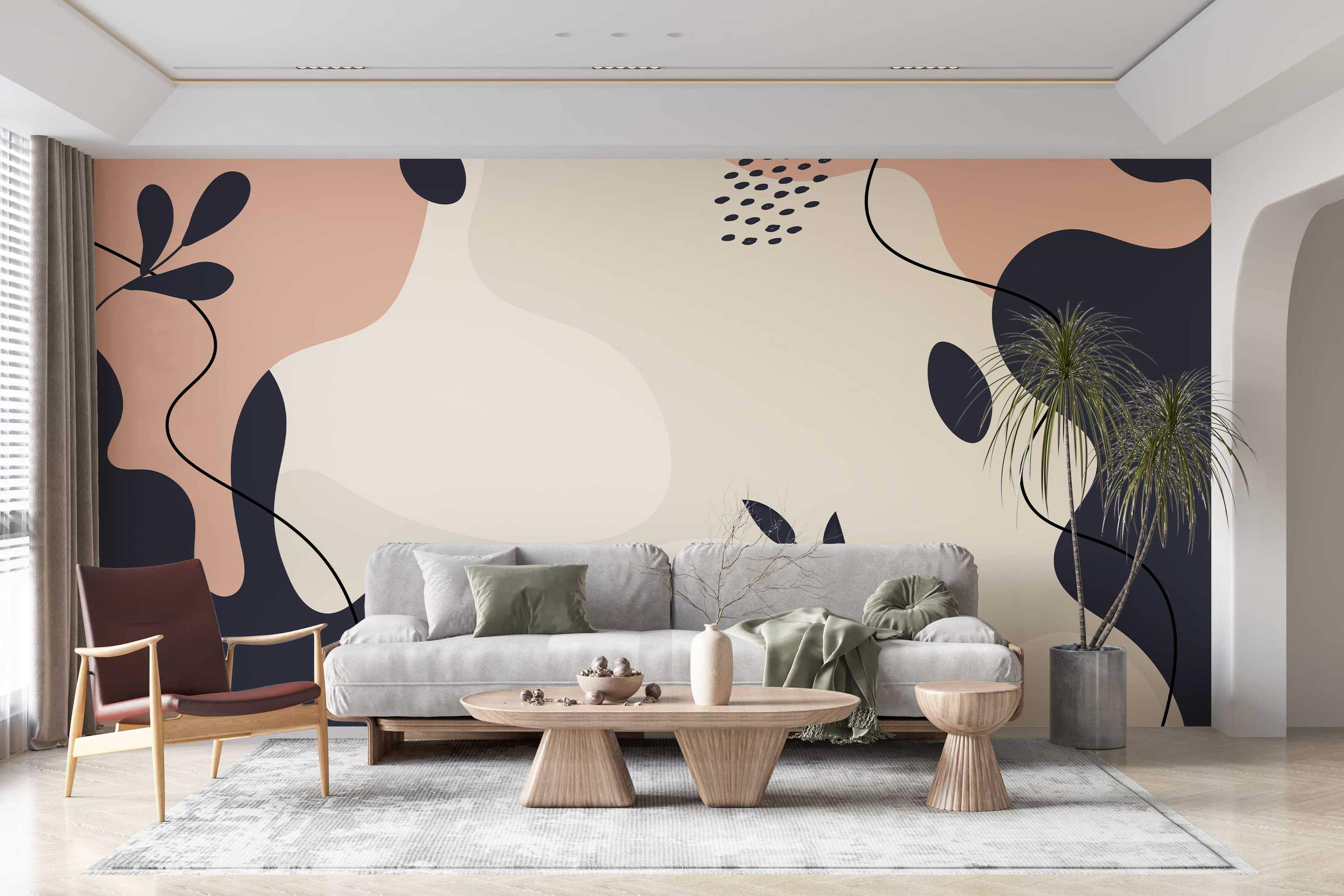 Abstract mural with large organic shapes in navy blue, blush pink, and beige, accented with thin black lines and navy dots.