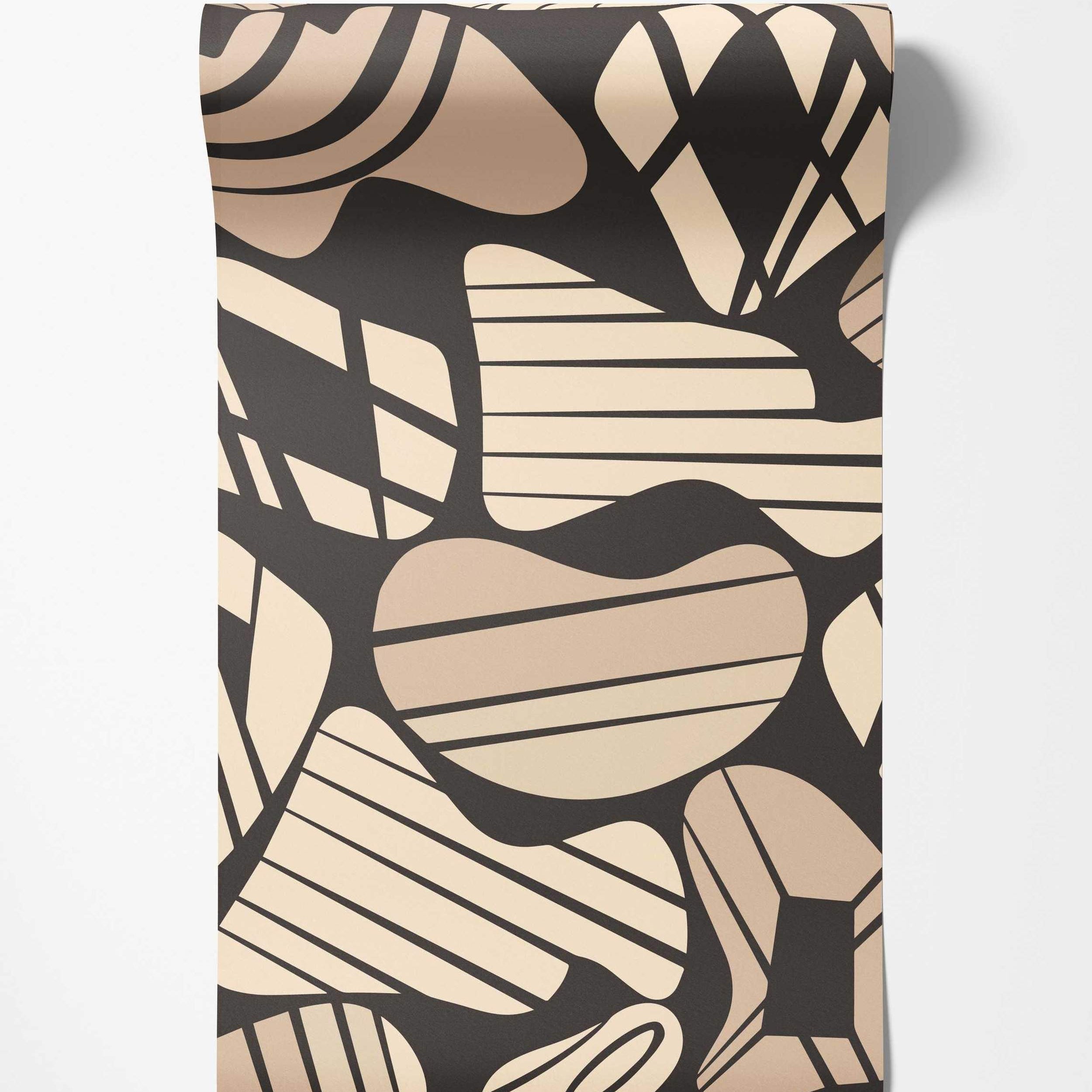 Abstract wallpaper featuring large, organic beige shapes with linear patterns against a solid black background.