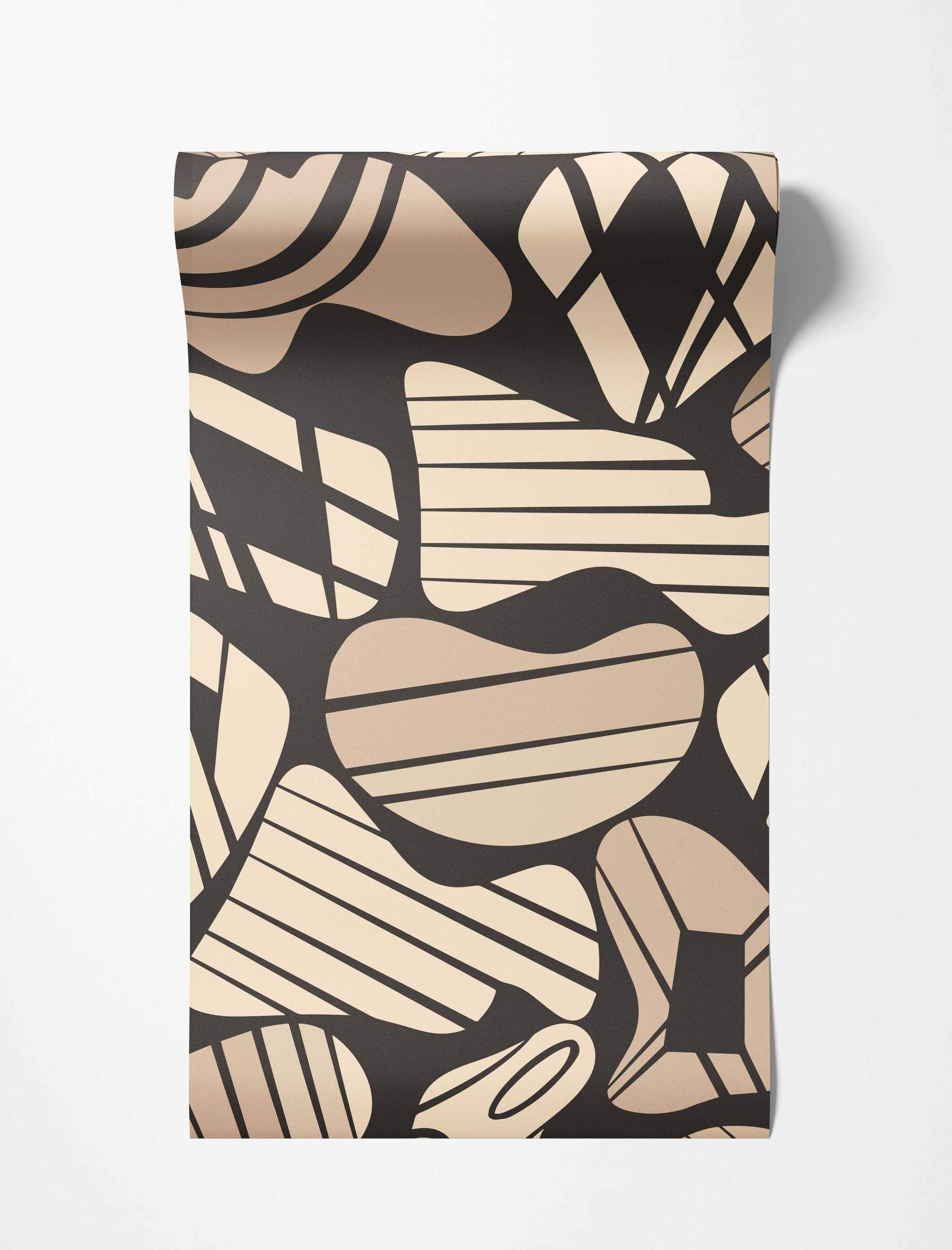 Abstract wallpaper featuring large, organic beige shapes with linear patterns against a solid black background.
