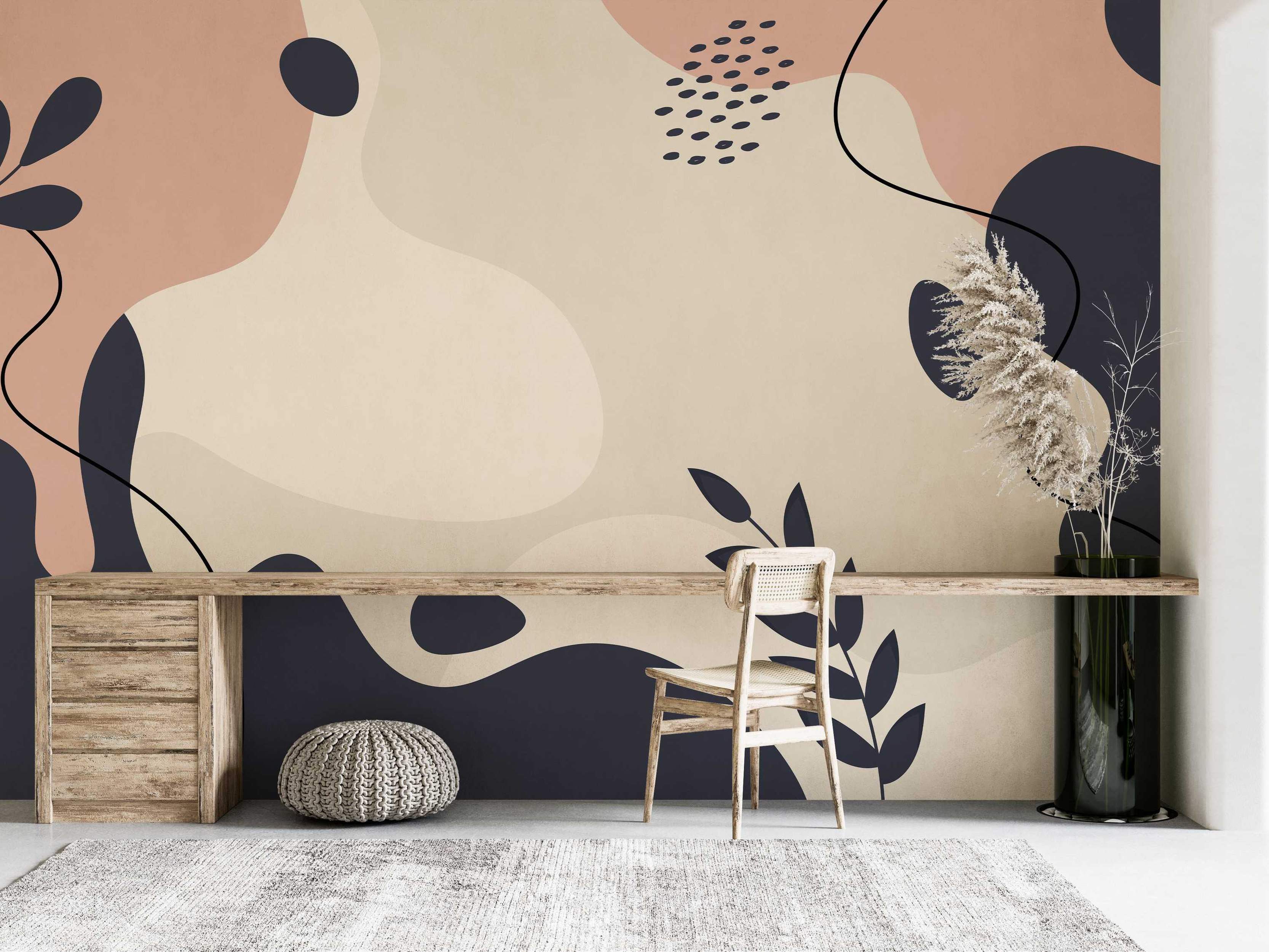 Abstract wall mural featuring large, flowing organic shapes in blush pink, charcoal blue, and light beige with botanical accents.