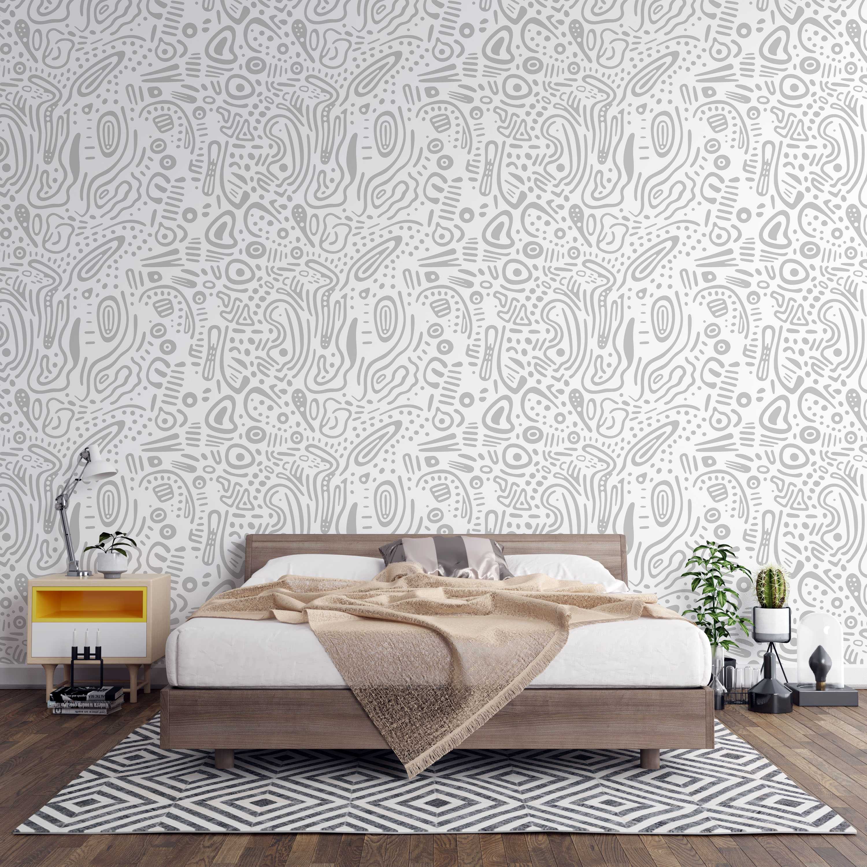 Abstract wallpaper with a dense pattern of organic, hand-drawn style gray shapes, lines, and dots on a light gray background.