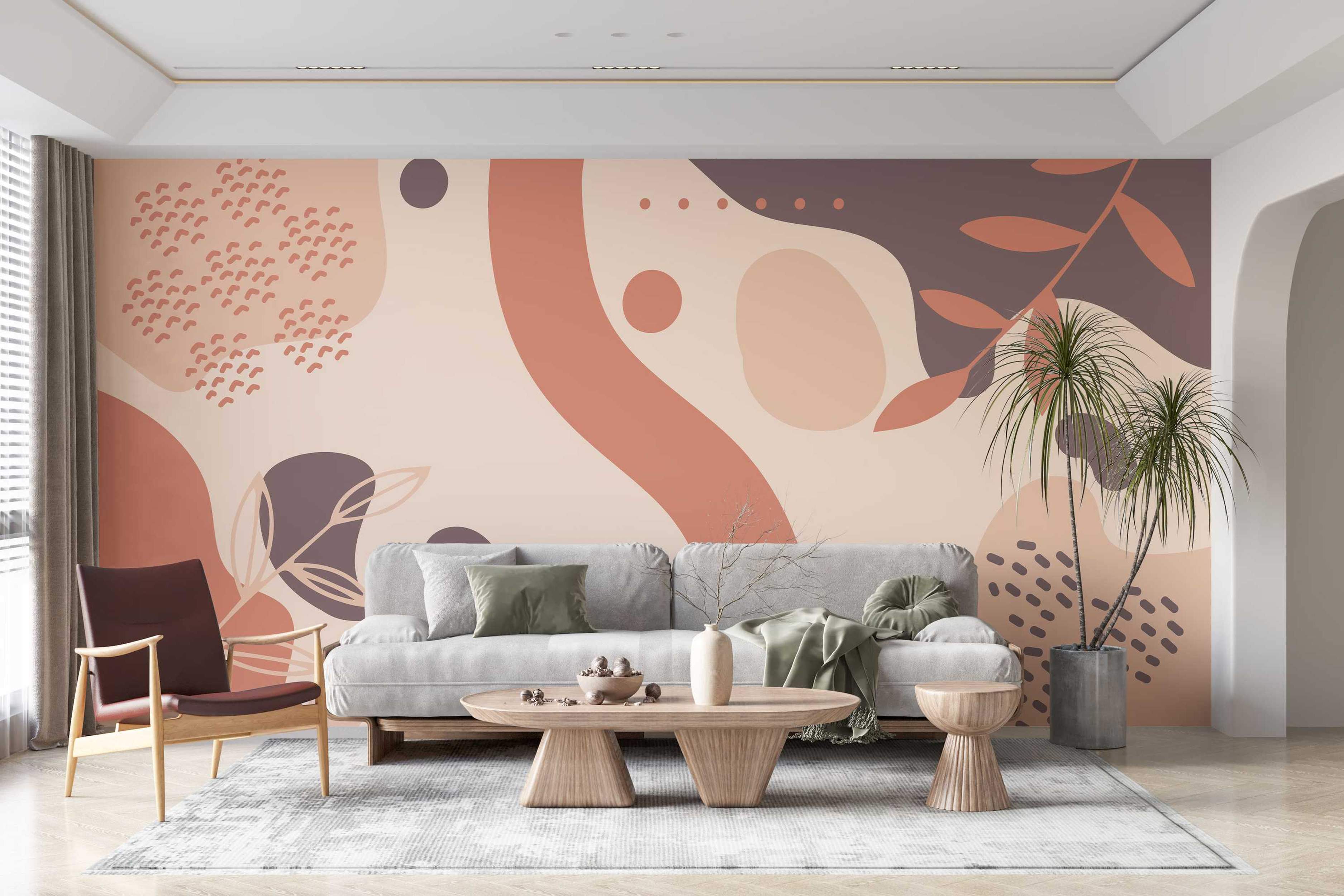 Abstract mural featuring organic shapes, leaf motifs, and small patterns in beige, terracotta, and mauve earth tones.