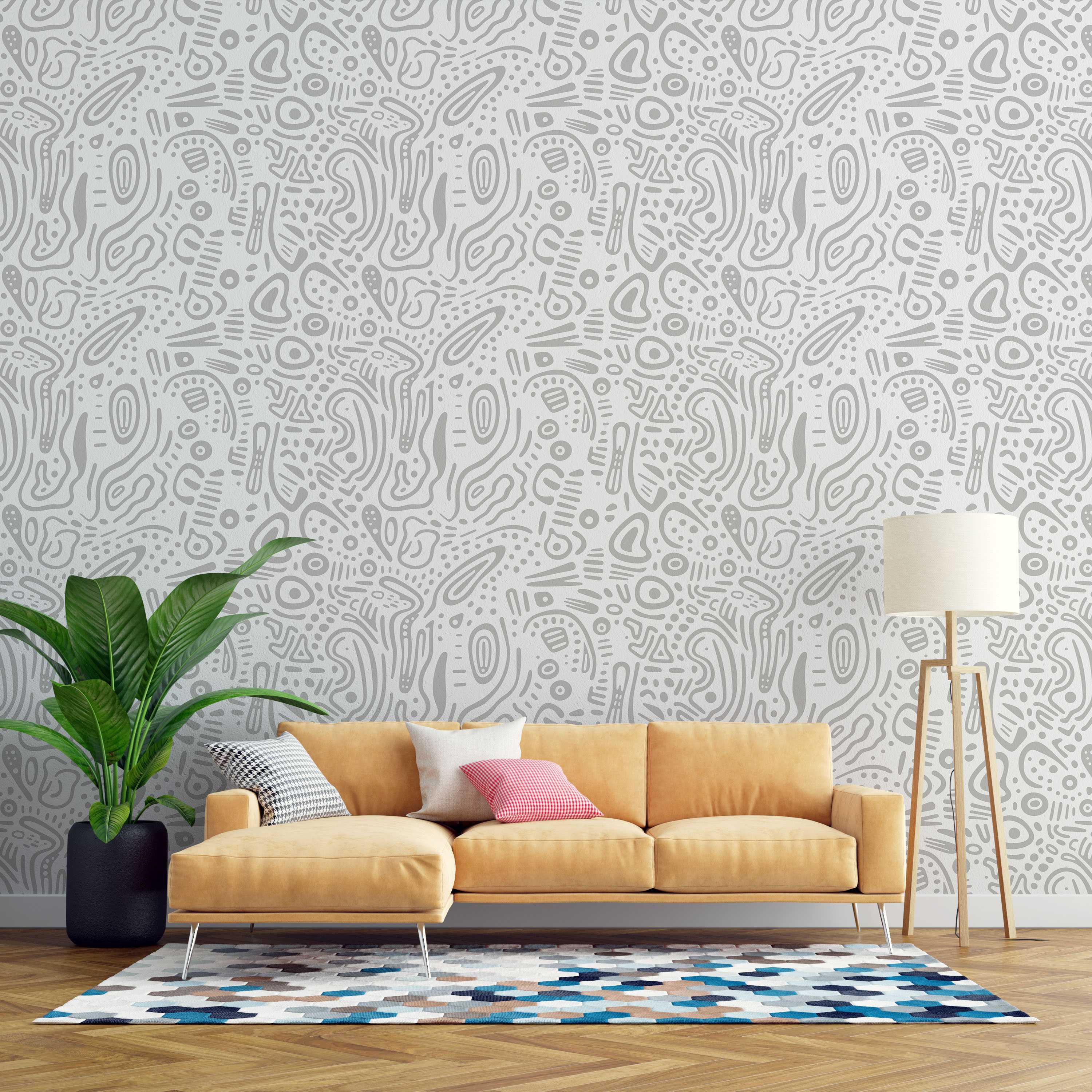 Abstract wallpaper with hand-drawn style light grey organic shapes, lines, and dots scattered on a pale grey background.