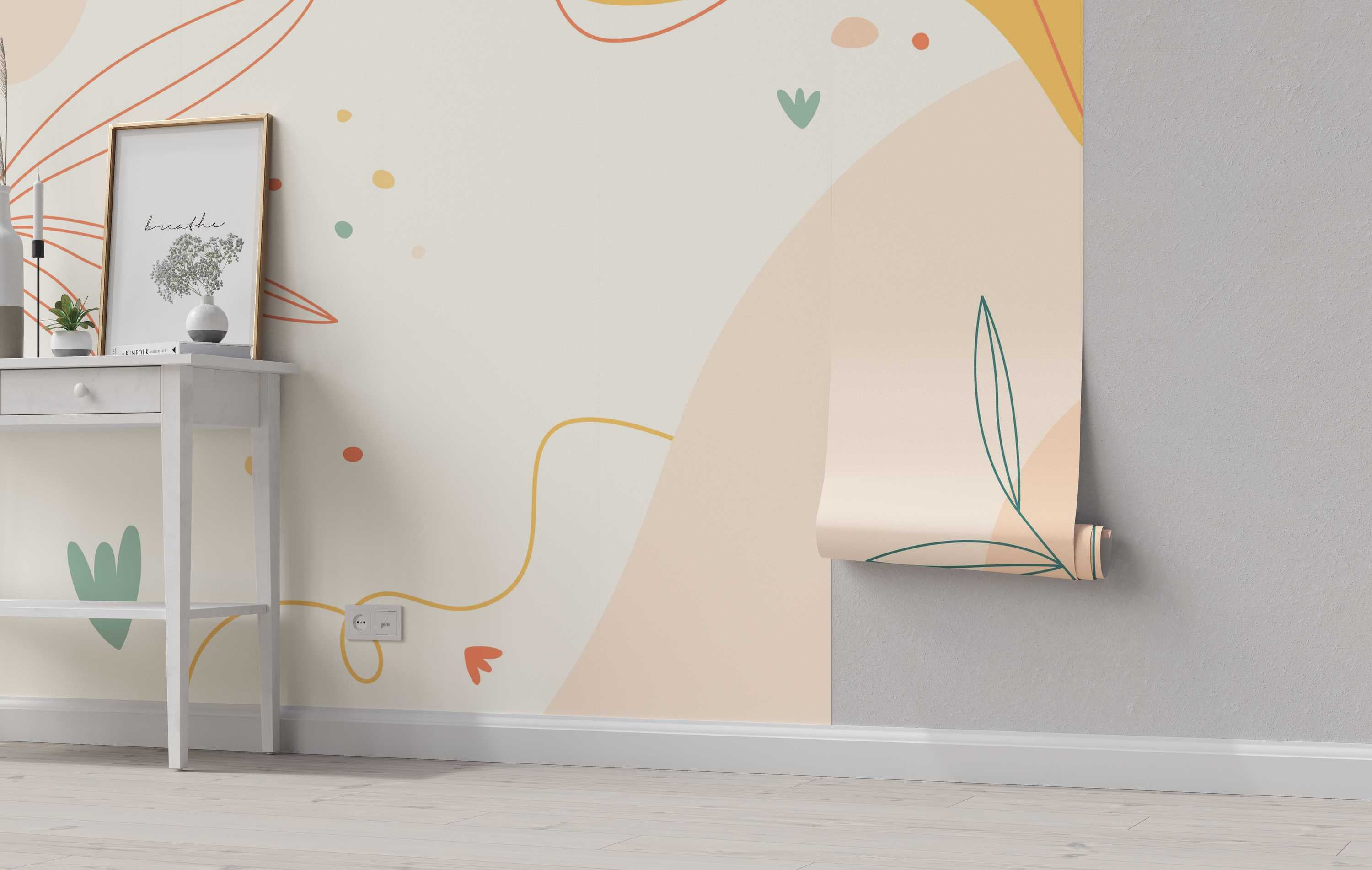 Abstract mural with large pastel beige and peach shapes, thin orange lines, green leaf outlines, and small colorful dots.