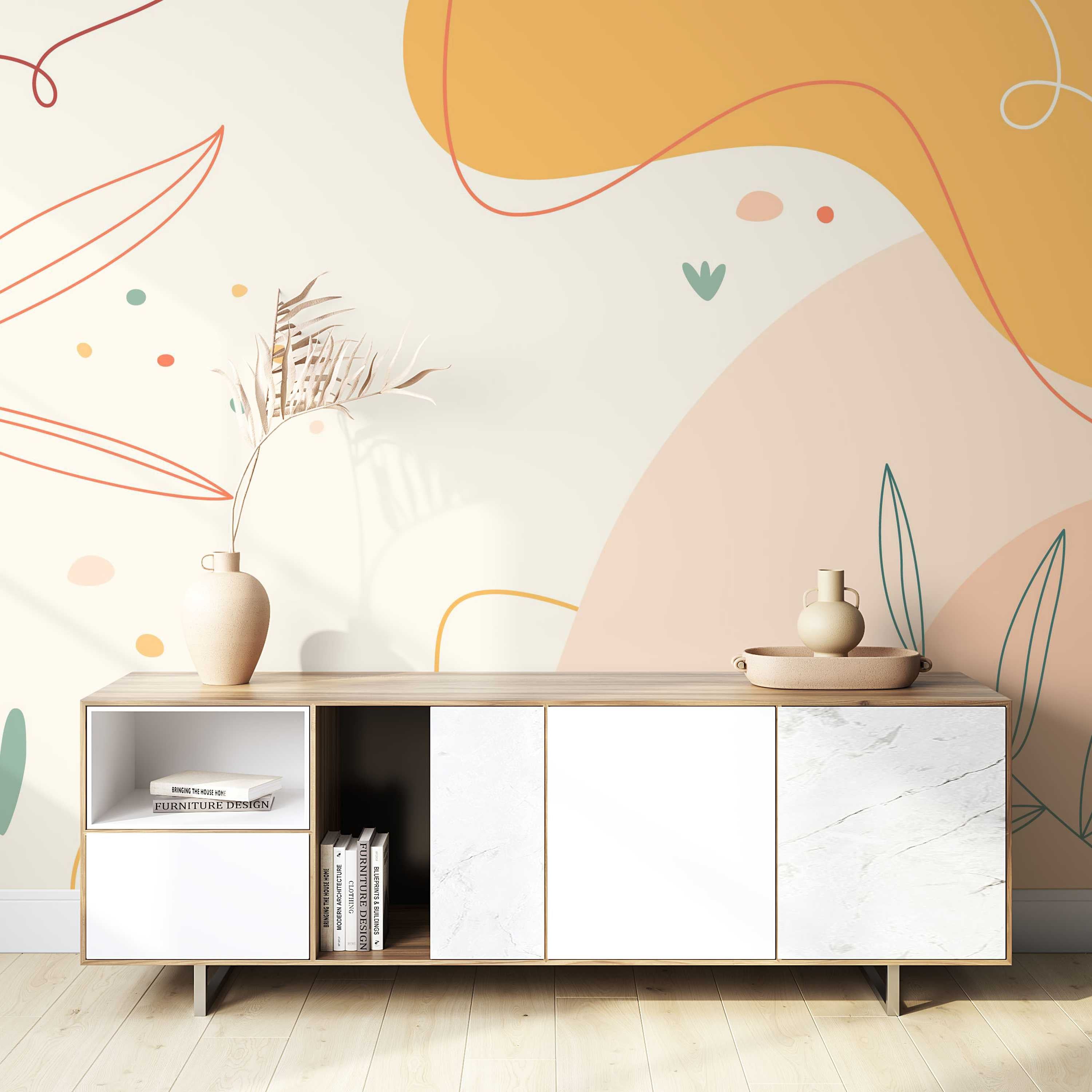 Abstract wall mural with overlapping organic shapes in peach and orange, thin line art leaves, and dots in teal and coral.