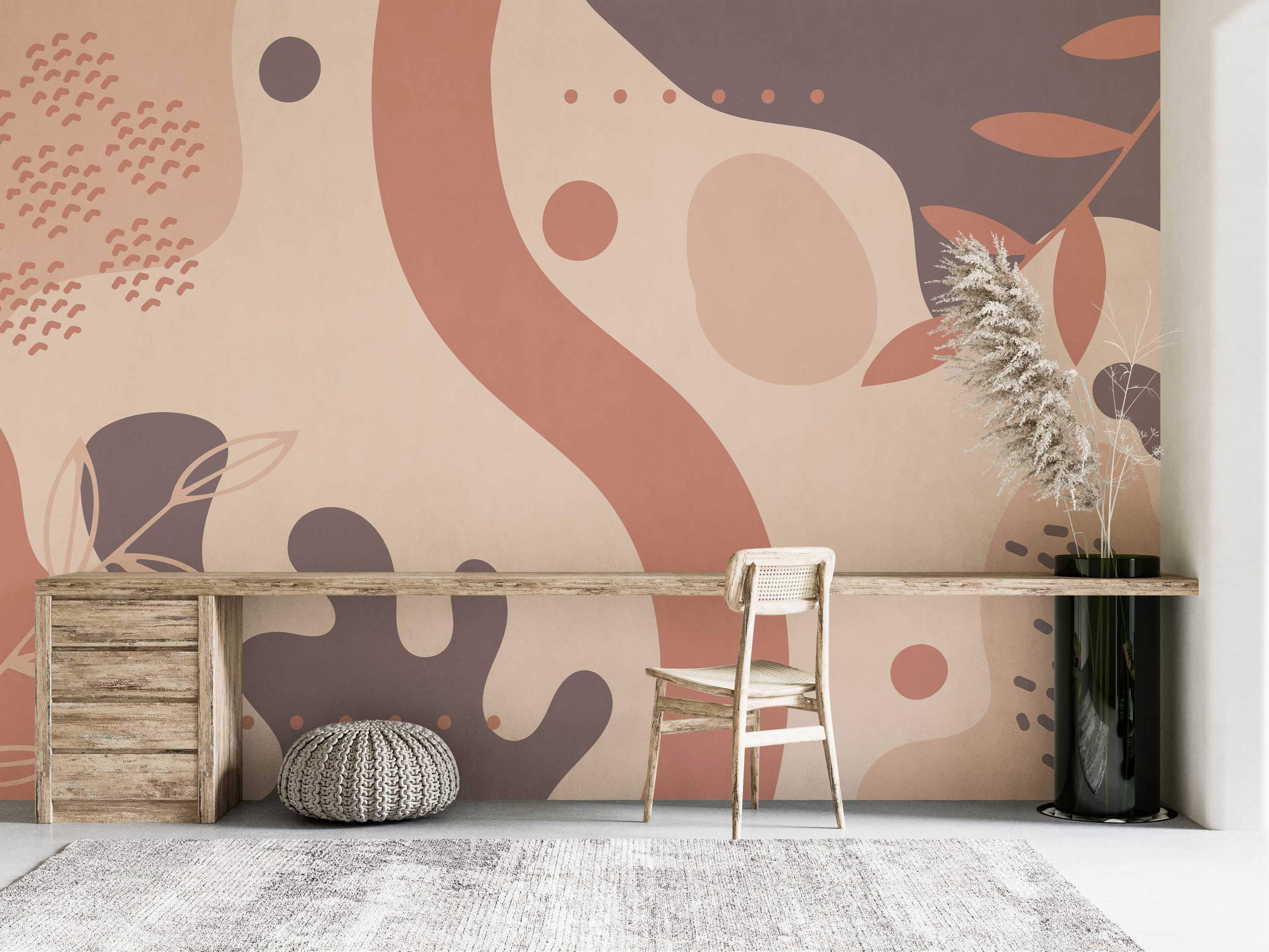 Abstract mural with flowing organic shapes, circles, and leaf outlines in beige, terracotta, mauve, and taupe.