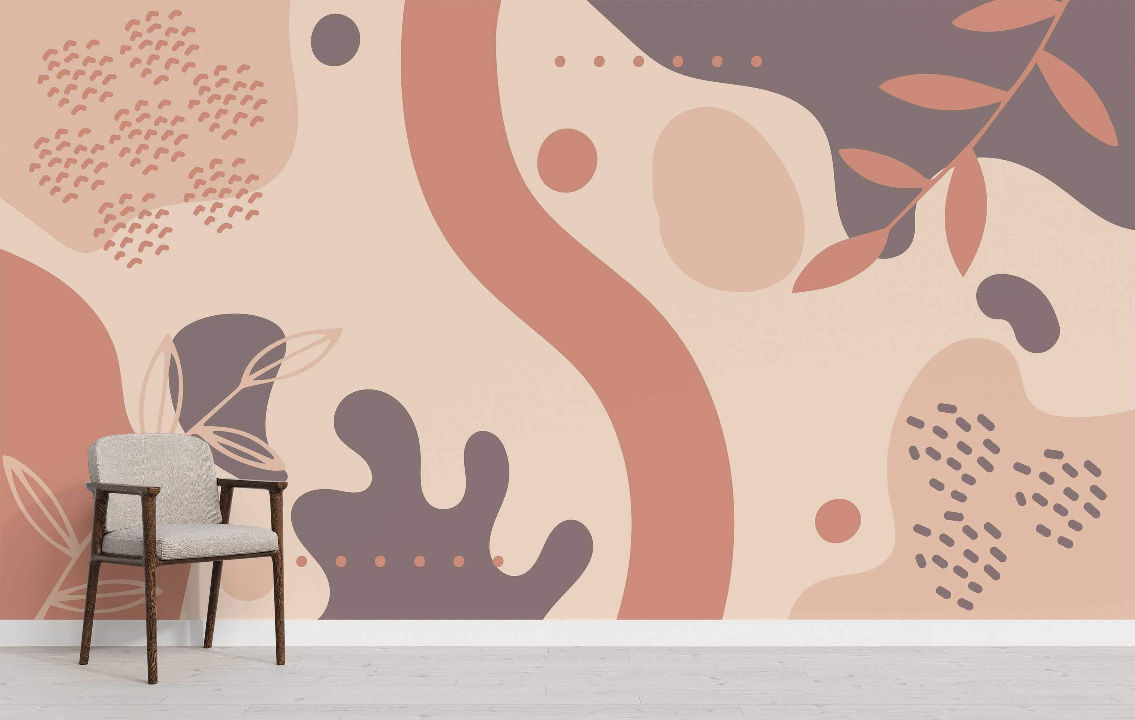 Muted earth tone mural featuring abstract blobs, curves, dots, and botanical elements in beige, rose, and mauve.