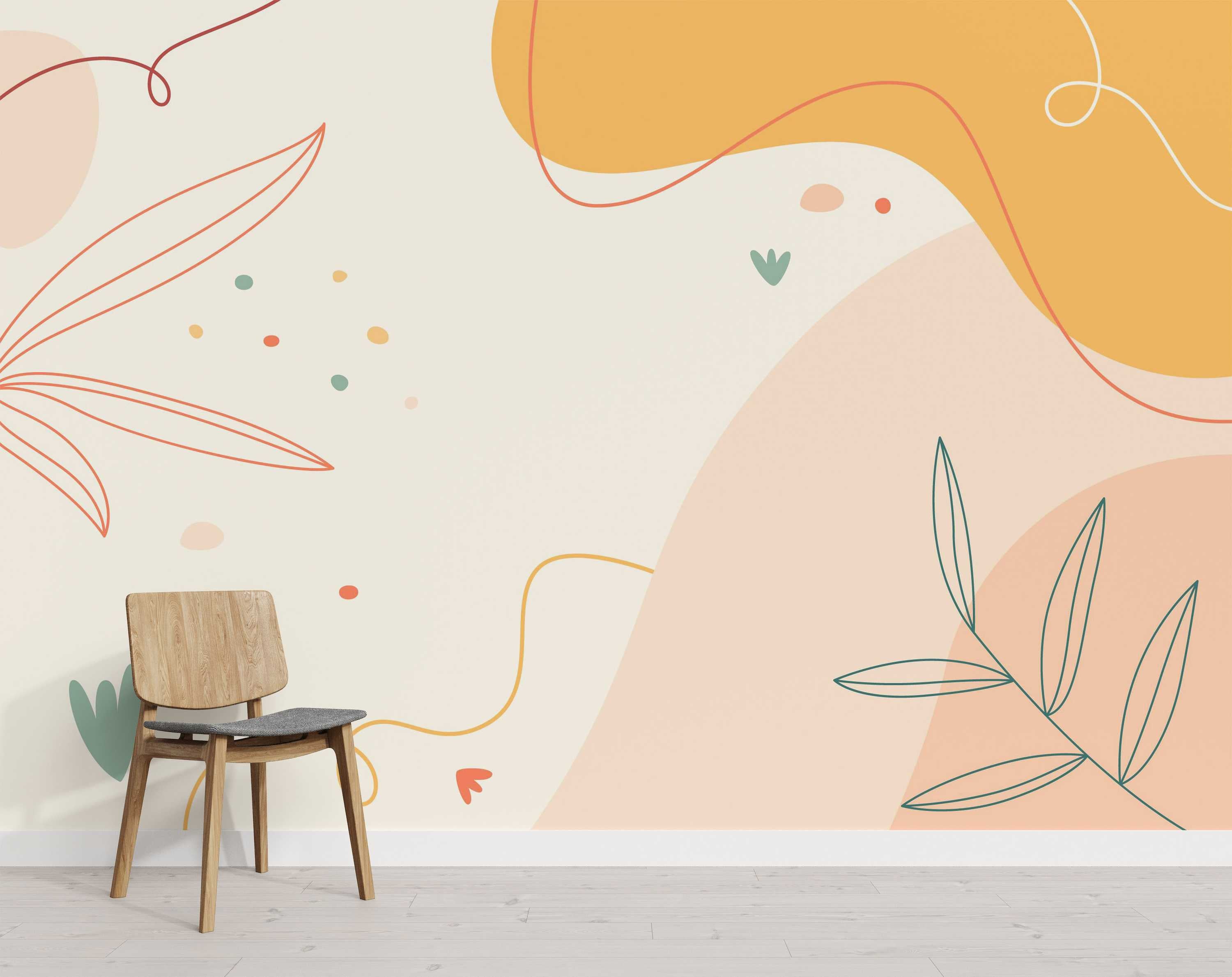 Abstract mural featuring large organic shapes in peach and yellow, plus line art botanicals and squiggles on a cream backdrop.
