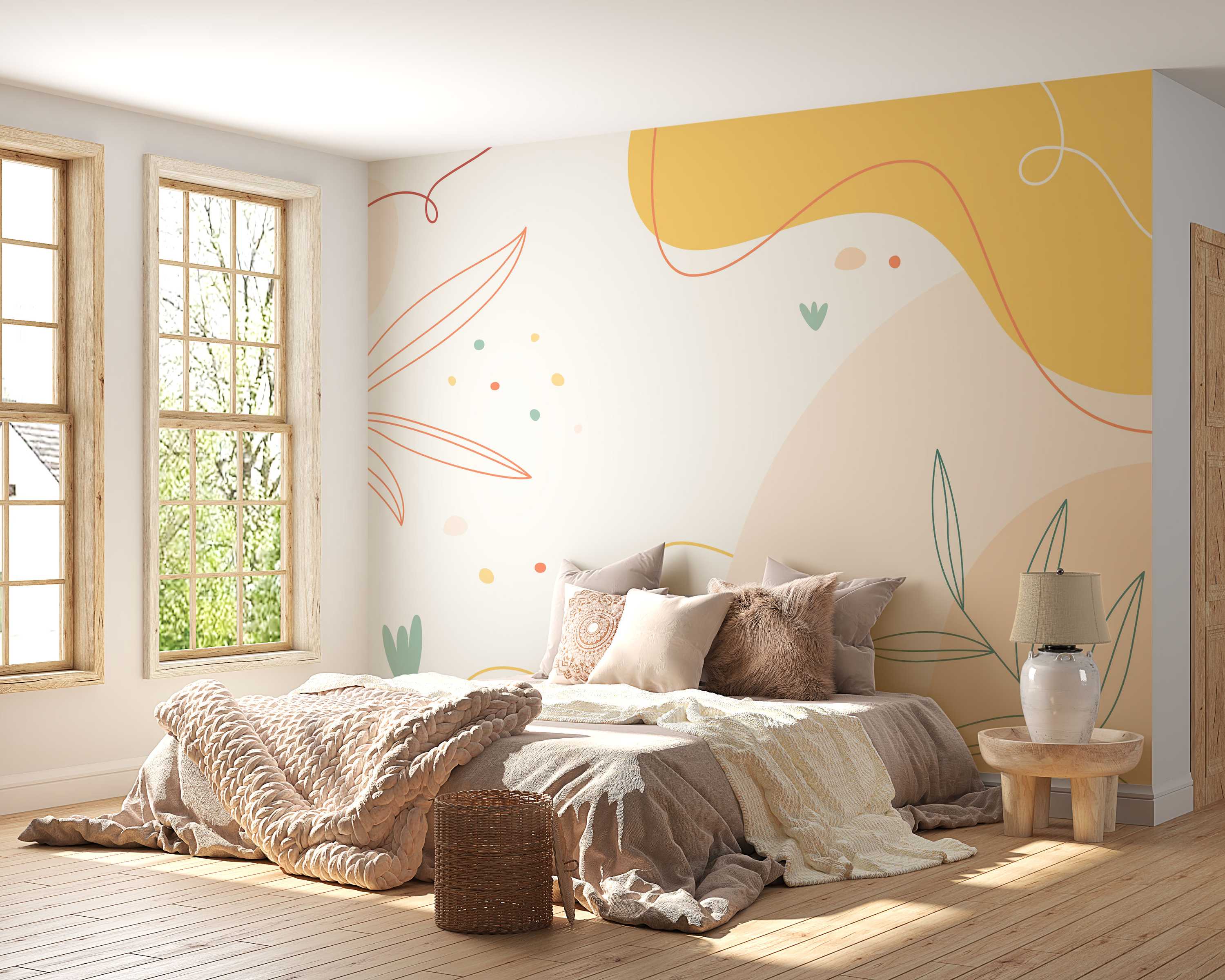 Abstract mural featuring large organic shapes in yellow and beige, with orange and teal line art leaves and dots.