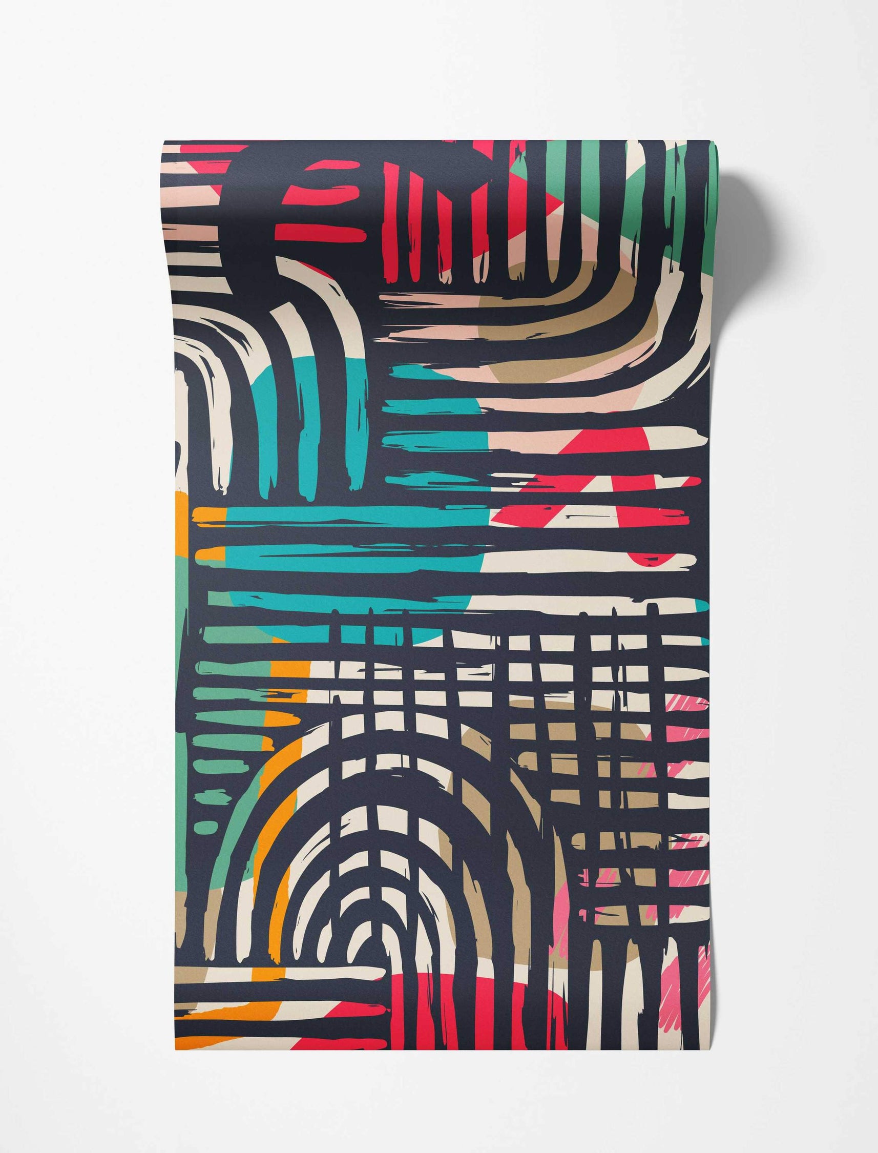 Abstract painterly wallpaper with grids, arcs, and strokes in red, teal, beige, white, and pink over a dark background.
