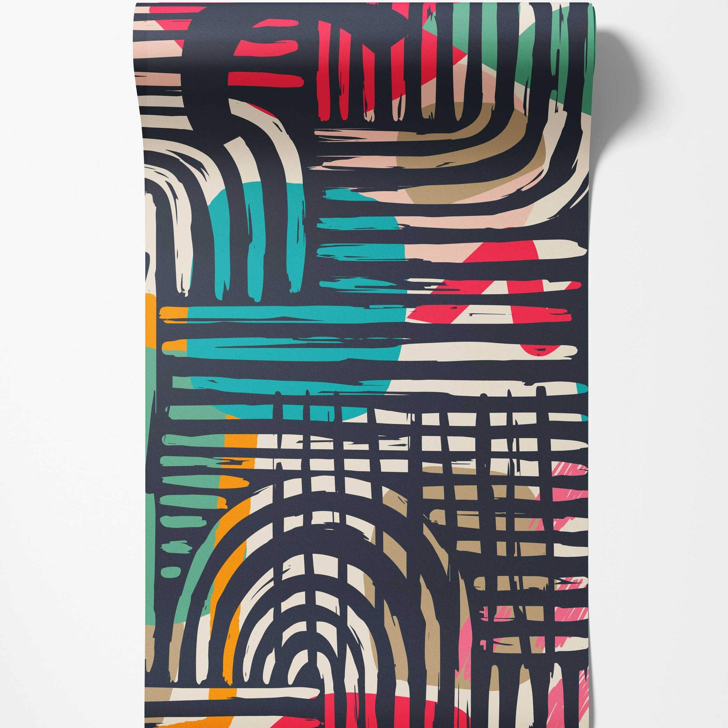 Abstract painterly wallpaper with grids, arcs, and strokes in red, teal, beige, white, and pink over a dark background.