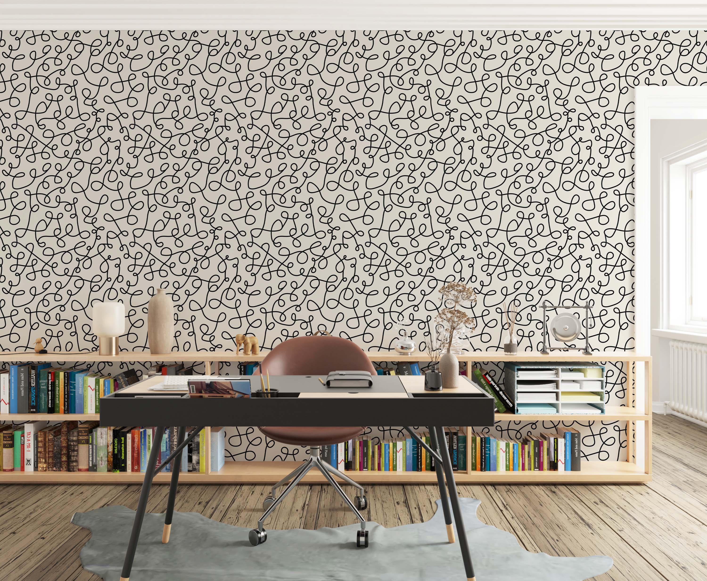 Abstract wallpaper with a continuous pattern of thin black scribbled lines forming interconnected loops on a light beige background.