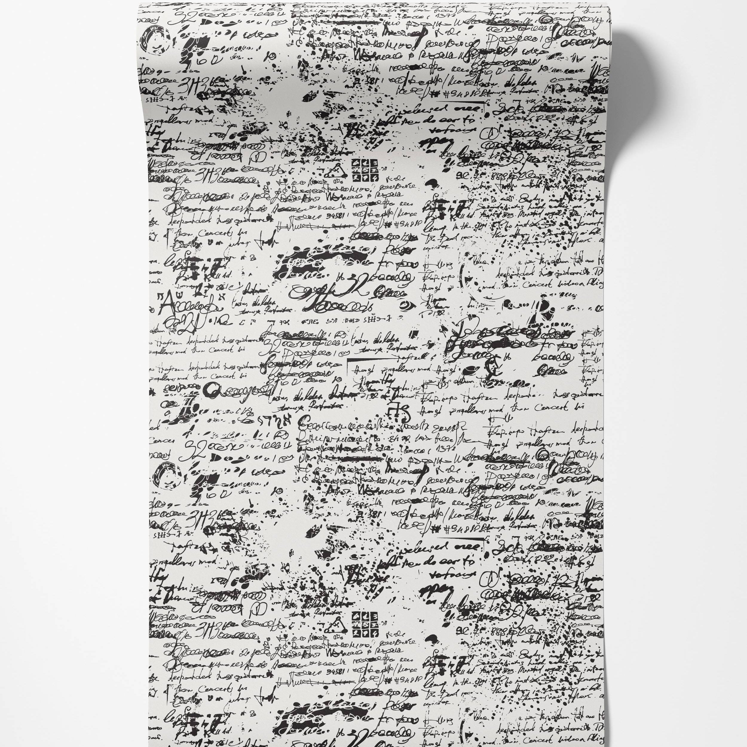 A black and white wallpaper showcasing a repeating design of abstract script, assorted symbols, and ink splatters.