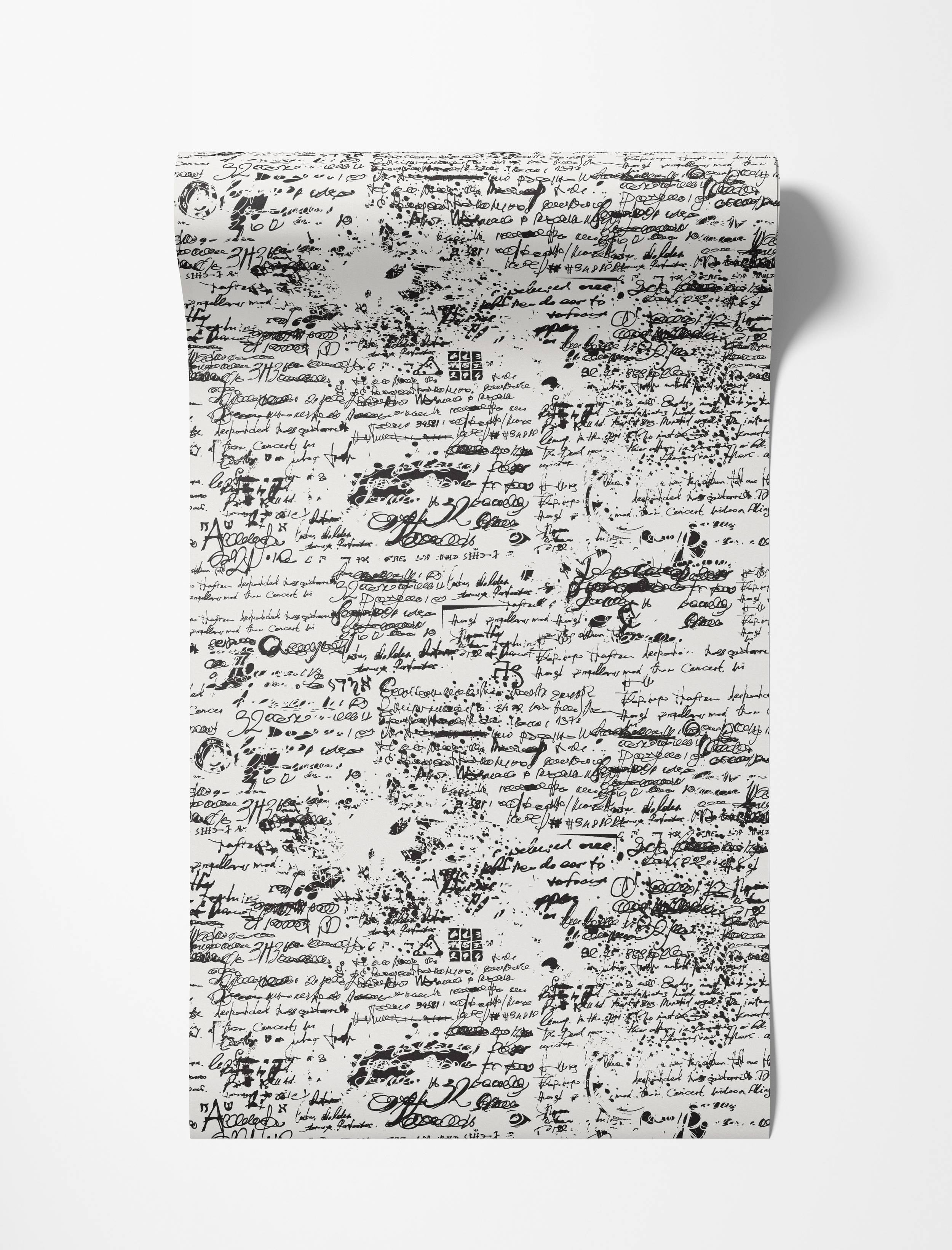 A black and white wallpaper showcasing a repeating design of abstract script, assorted symbols, and ink splatters.