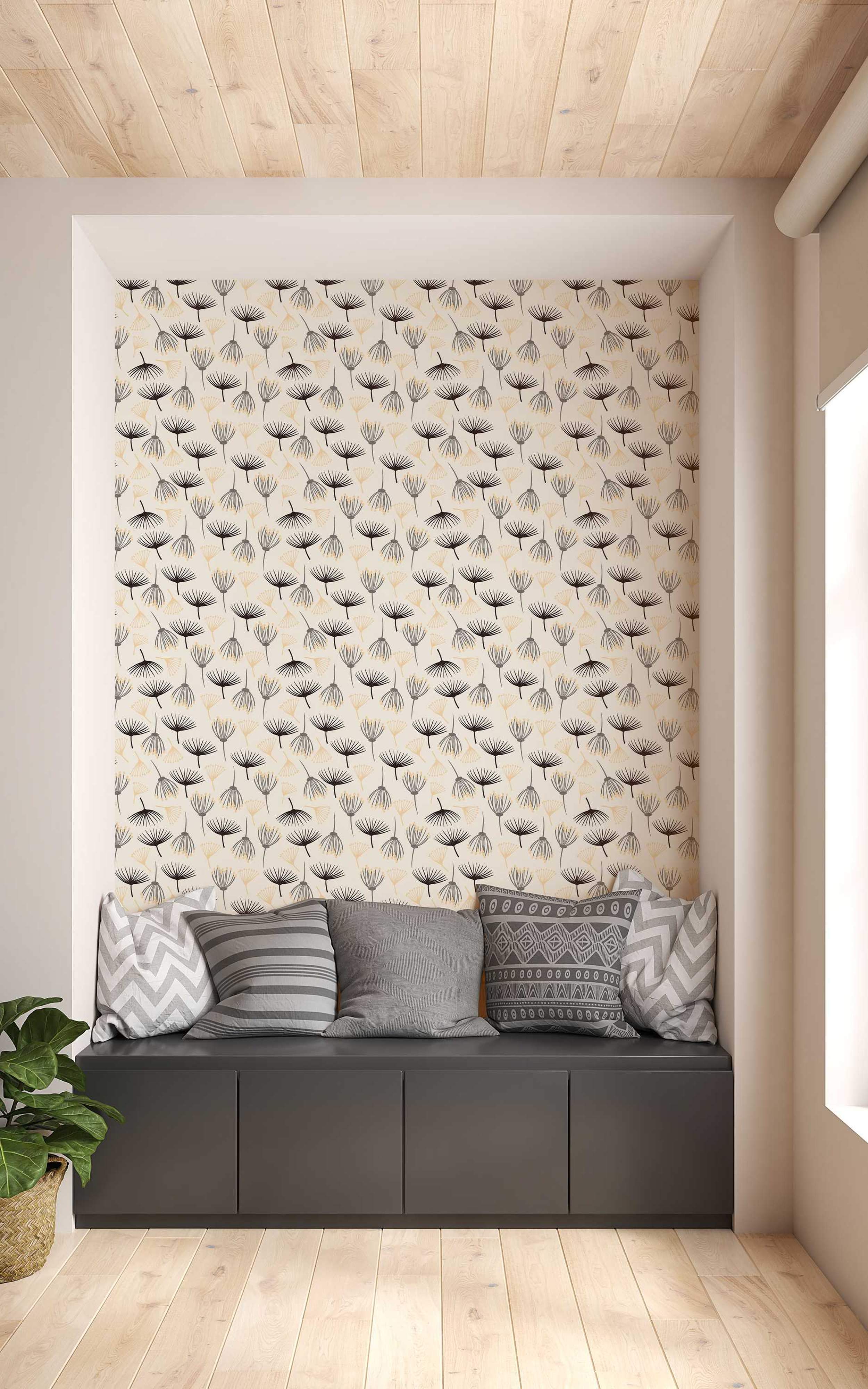 Wallpaper featuring a repeating pattern of stylized black, grey, and pale yellow abstract seed heads on a cream background.