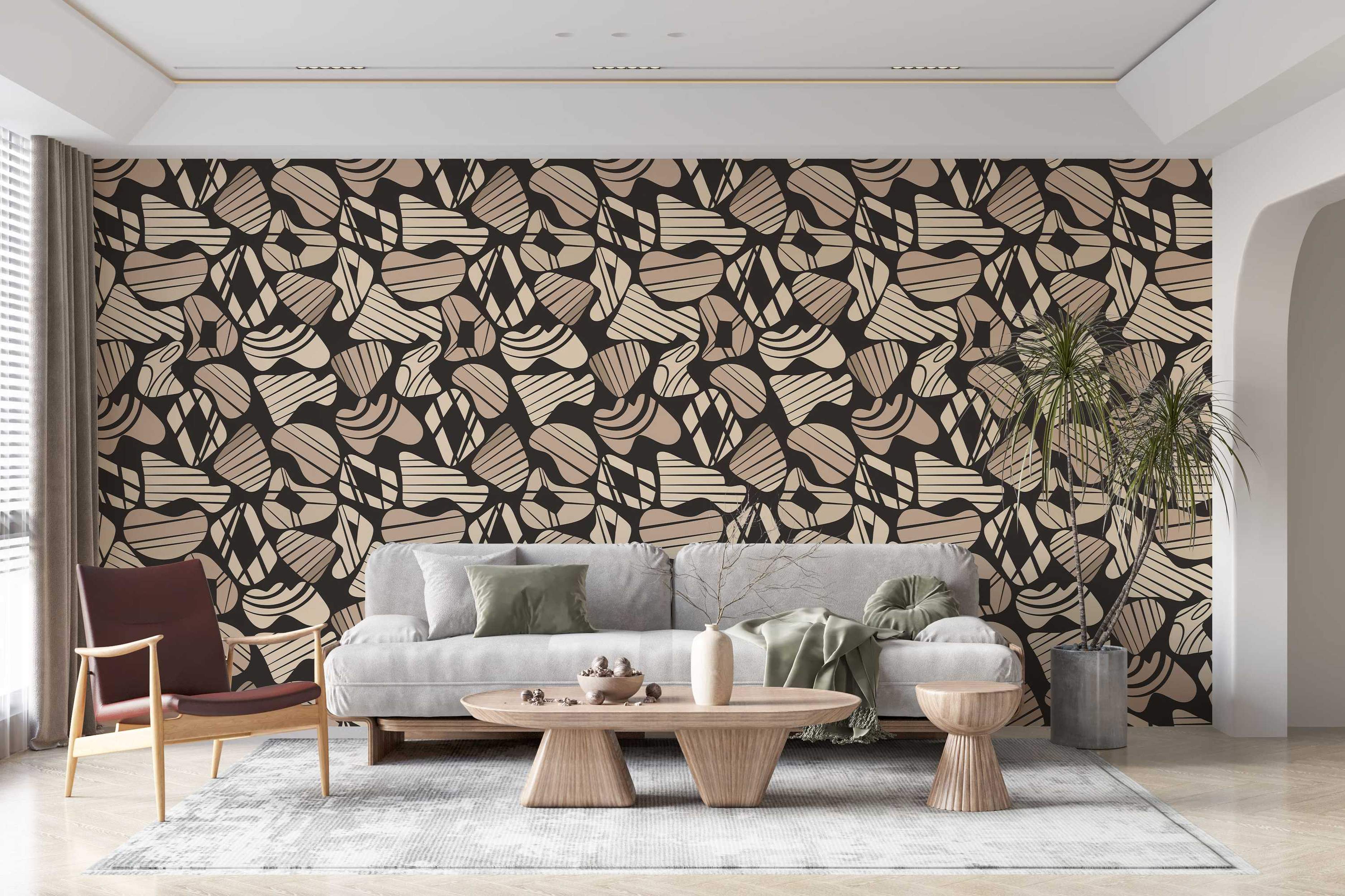 Modern abstract wallpaper displaying irregular beige and tan shapes, some with lines, set against a black backdrop.