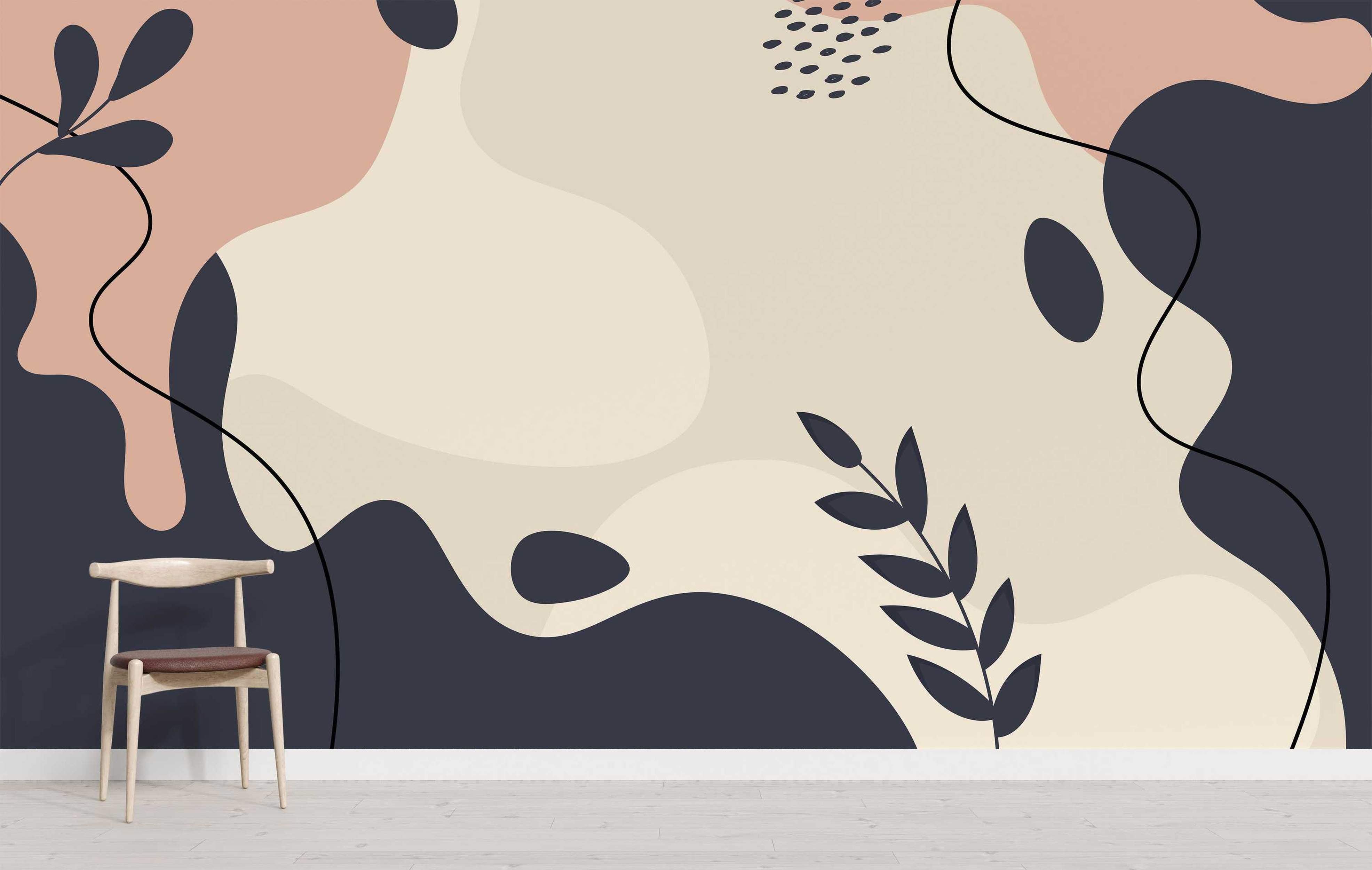 Abstract mural with large organic shapes in beige, dusty pink, and dark navy. Features black lines and navy botanical motifs.