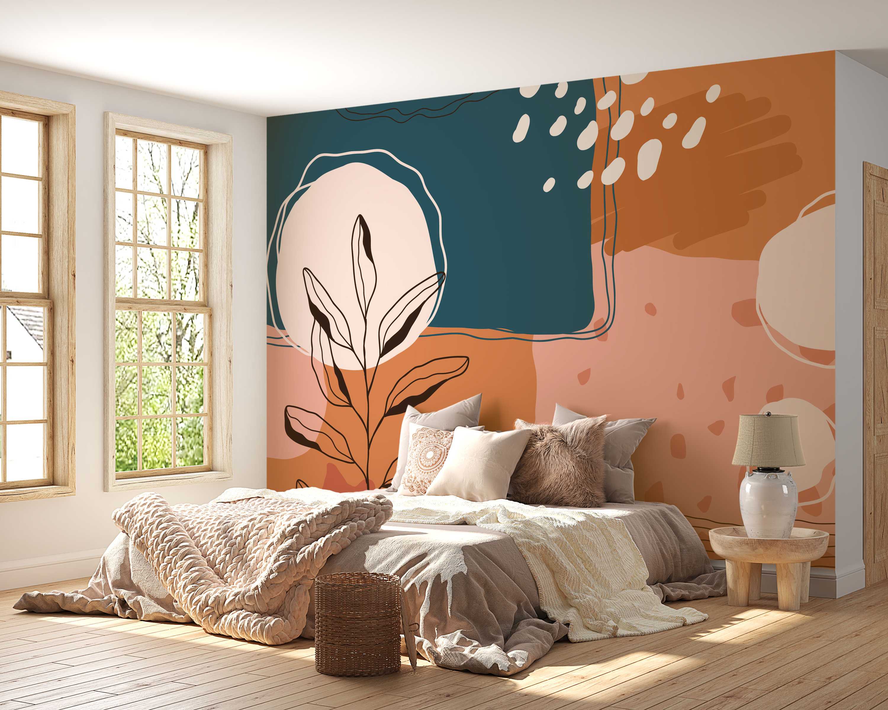 Abstract mural featuring organic shapes in teal, terracotta, and pink, with a black line art botanical drawing and white dots.