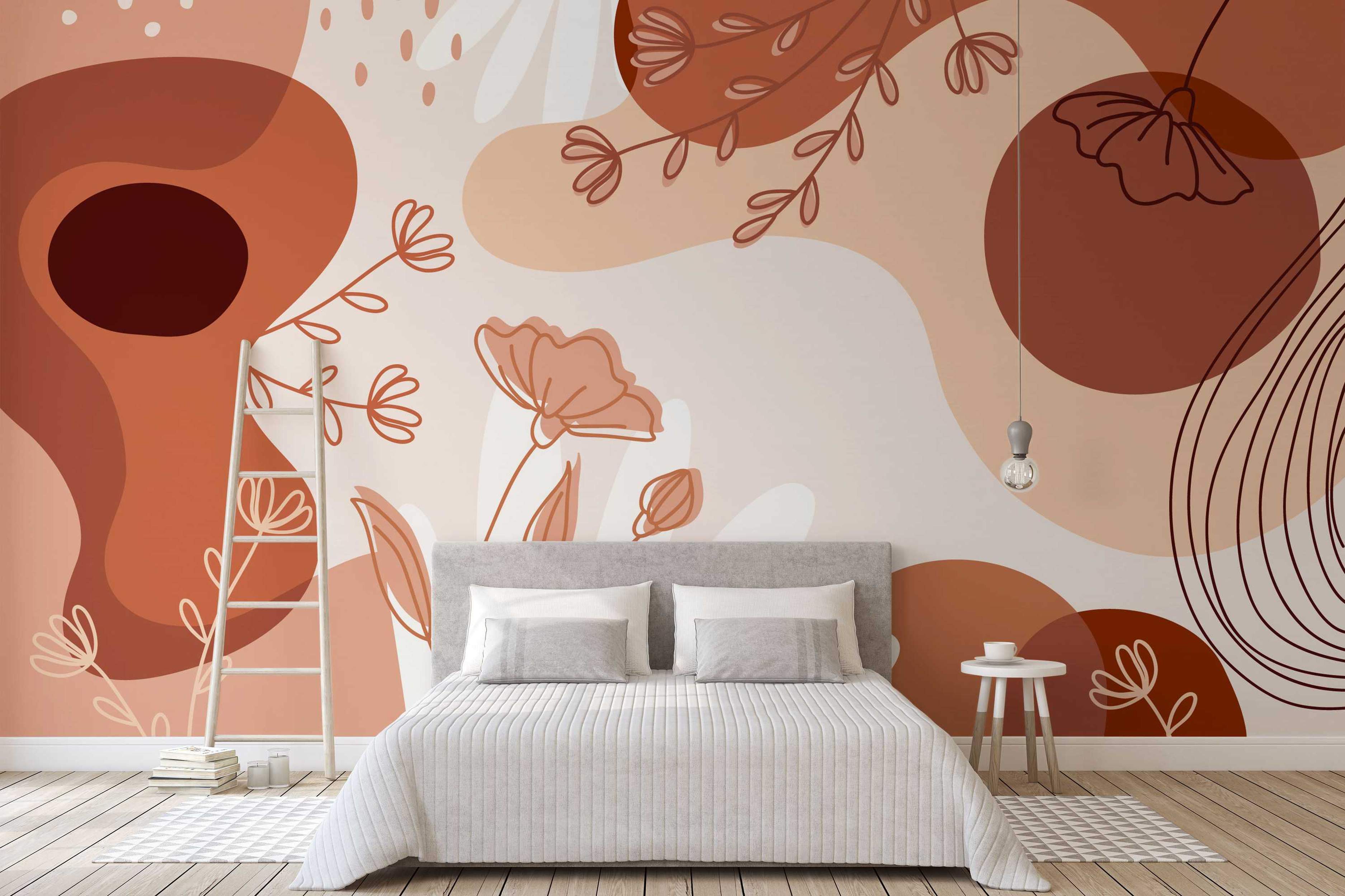 Abstract mural featuring overlapping organic shapes in terracotta, rust, and beige tones with minimalist floral line drawings.