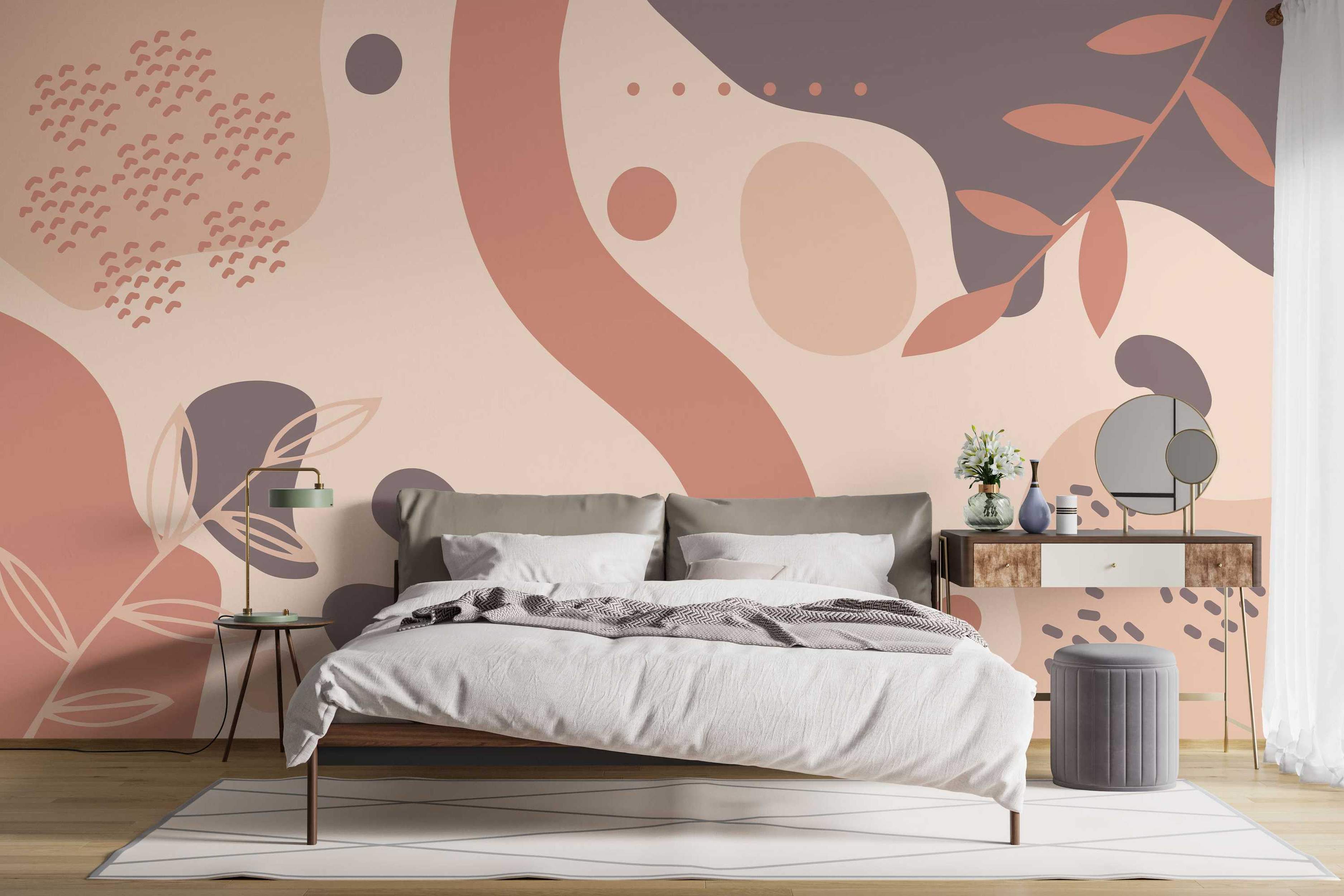 Mural featuring large abstract organic shapes, leaf outlines, dots, and textured patterns in muted dusty rose, beige, and mauve tones.
