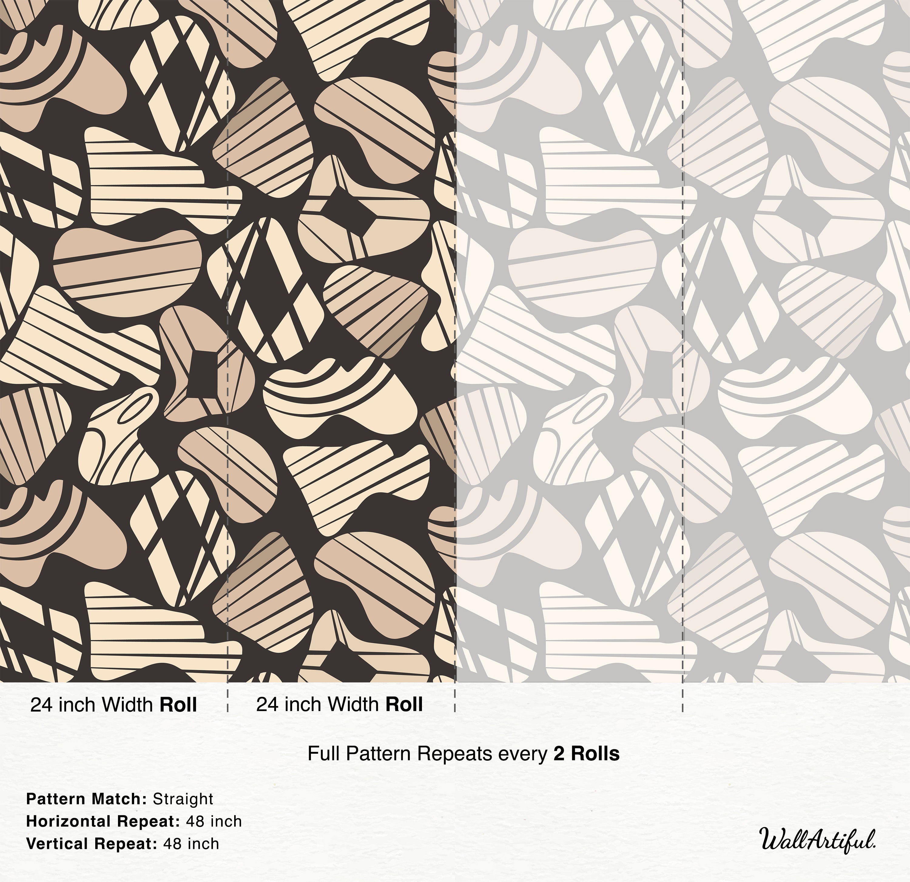 Abstract wallpaper featuring organic cream and beige shapes with internal line patterns on a dark brown background.
