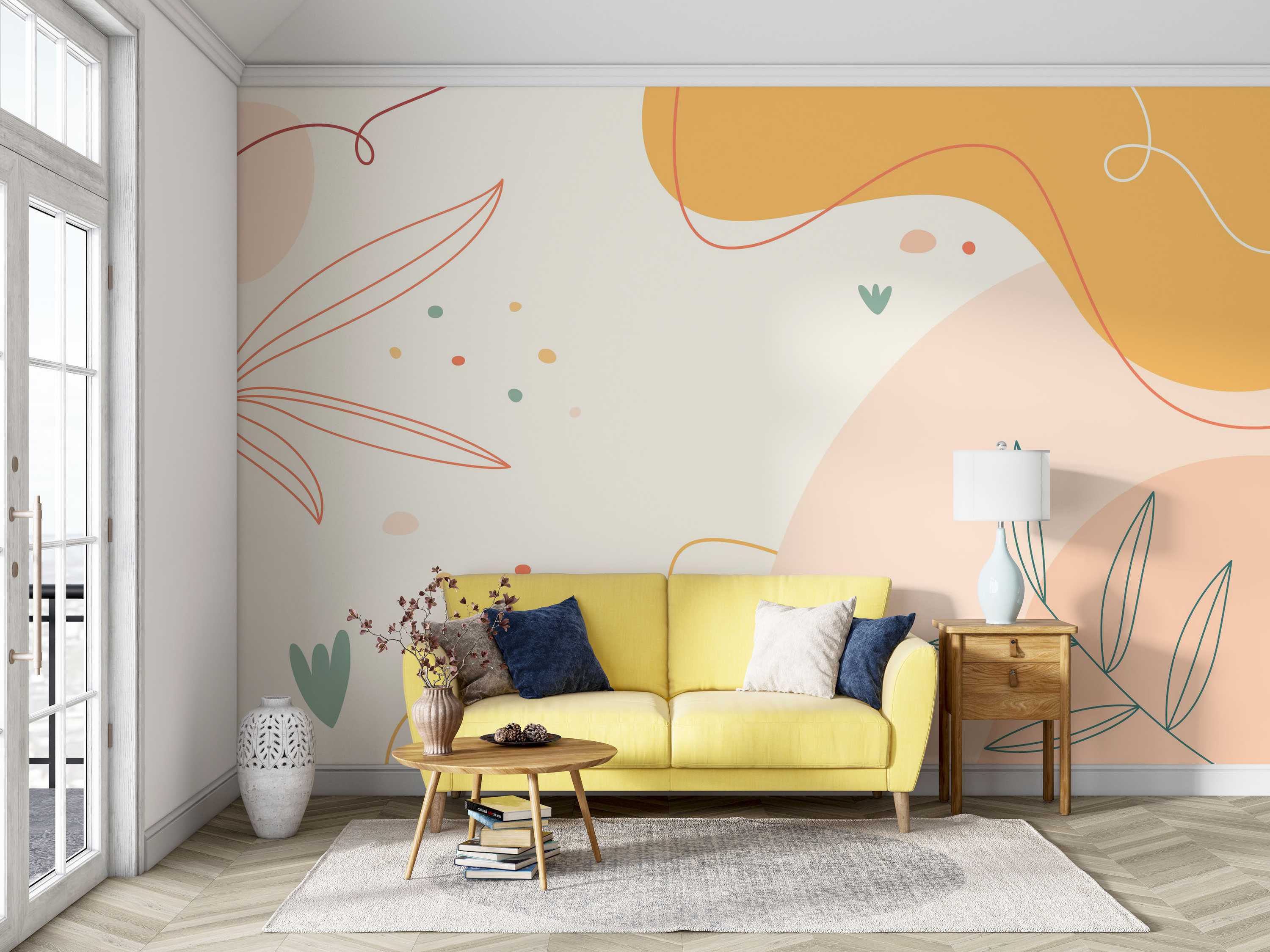 Abstract mural with large orange and pink organic shapes, thin line art leaves and swirls, and scattered dots on an off-white field.