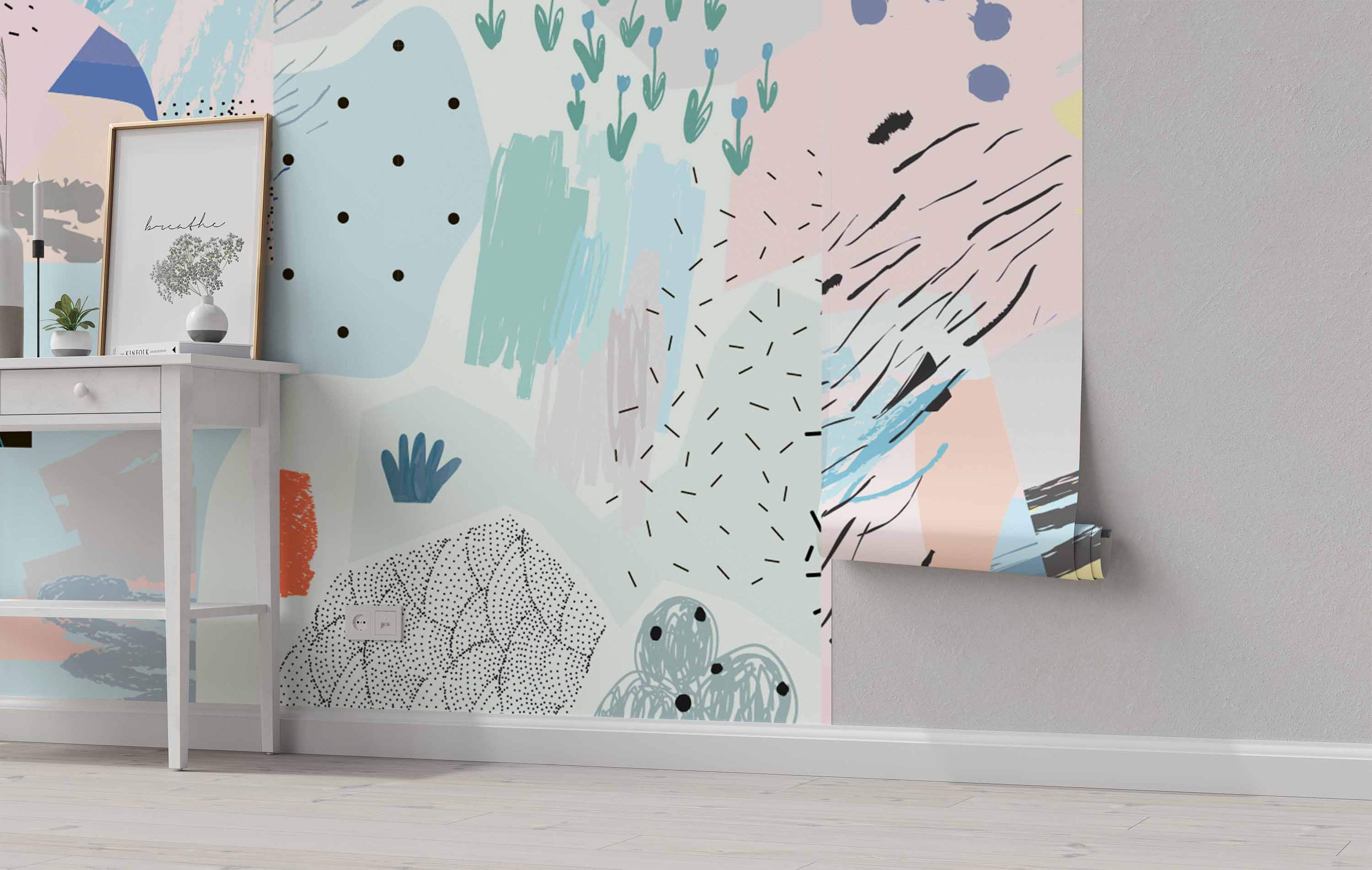Abstract mural with pastel shapes, brushstrokes, dots, and lines in pink, light blue, mint green, black, and dark blue accents.