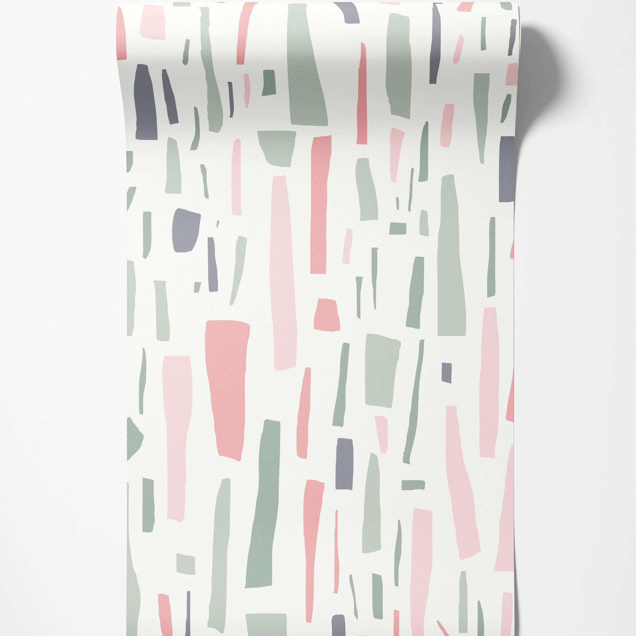 Abstract wallpaper design with vertical brushstroke-like shapes in pink, green, and grey against a white field.
