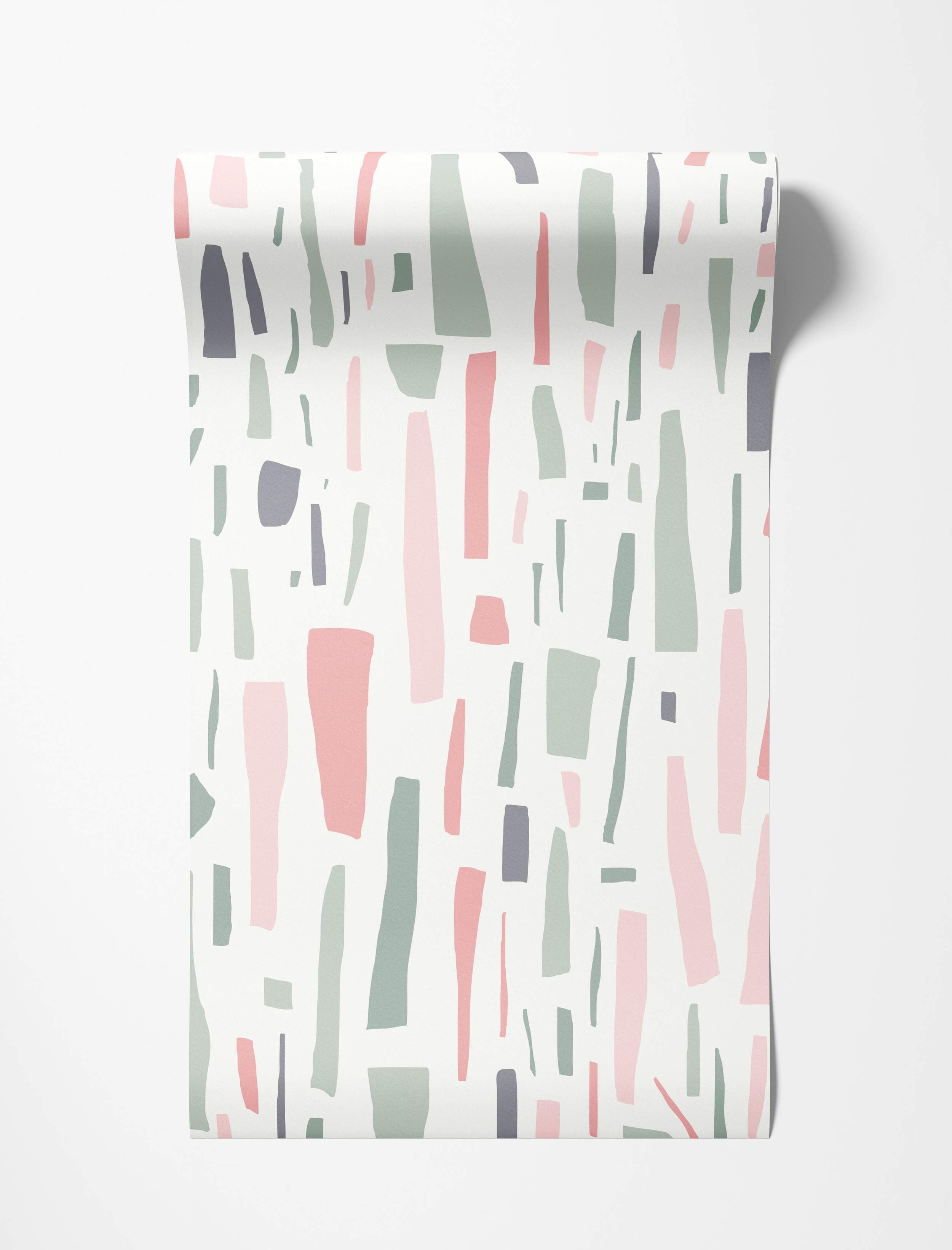 Abstract wallpaper design with vertical brushstroke-like shapes in pink, green, and grey against a white field.