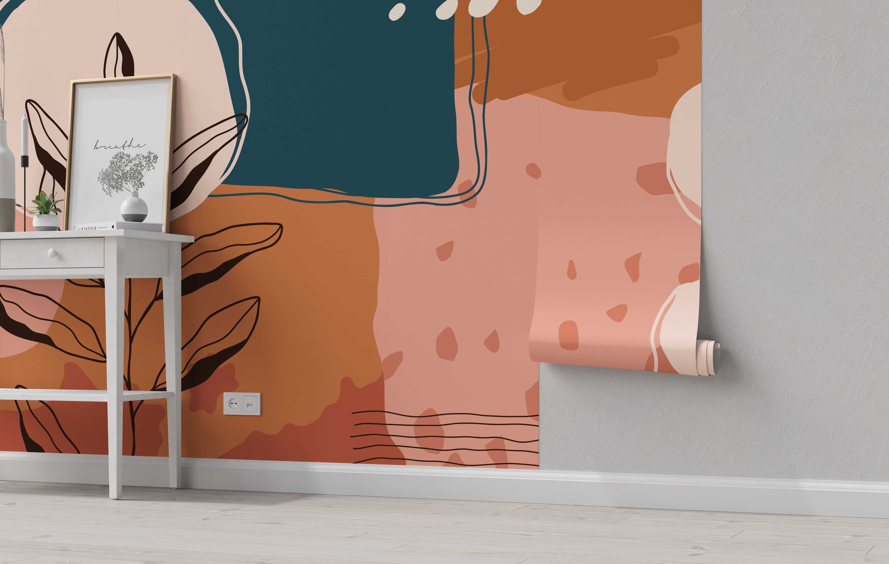 Abstract mural with large organic shapes in dusty pink, rust, and dark teal, accented by spots and thin black lines.
