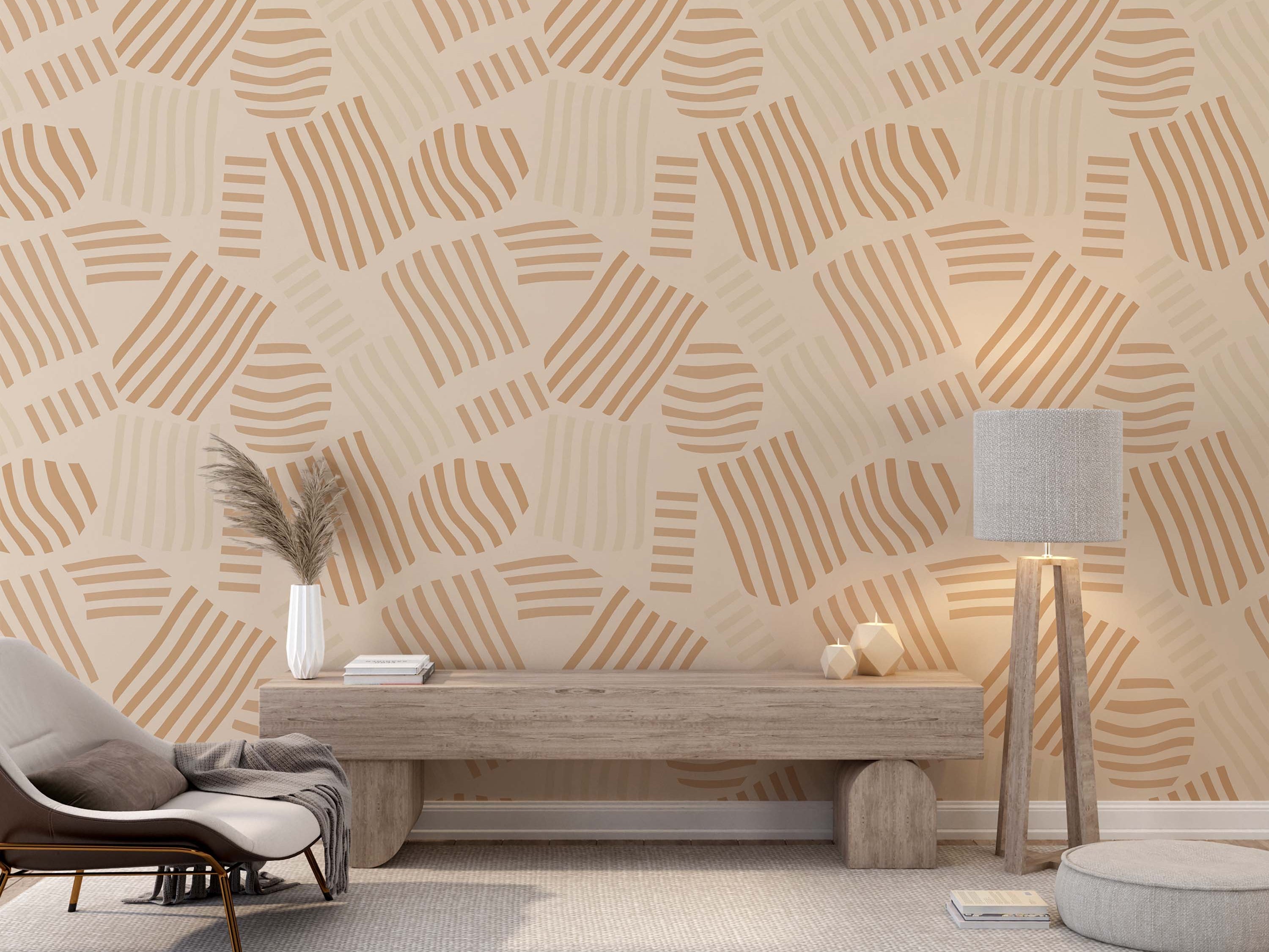 Wallpaper featuring abstract shapes in tan and light beige, detailed with internal stripe and wave patterns, on a creamy beige field.
